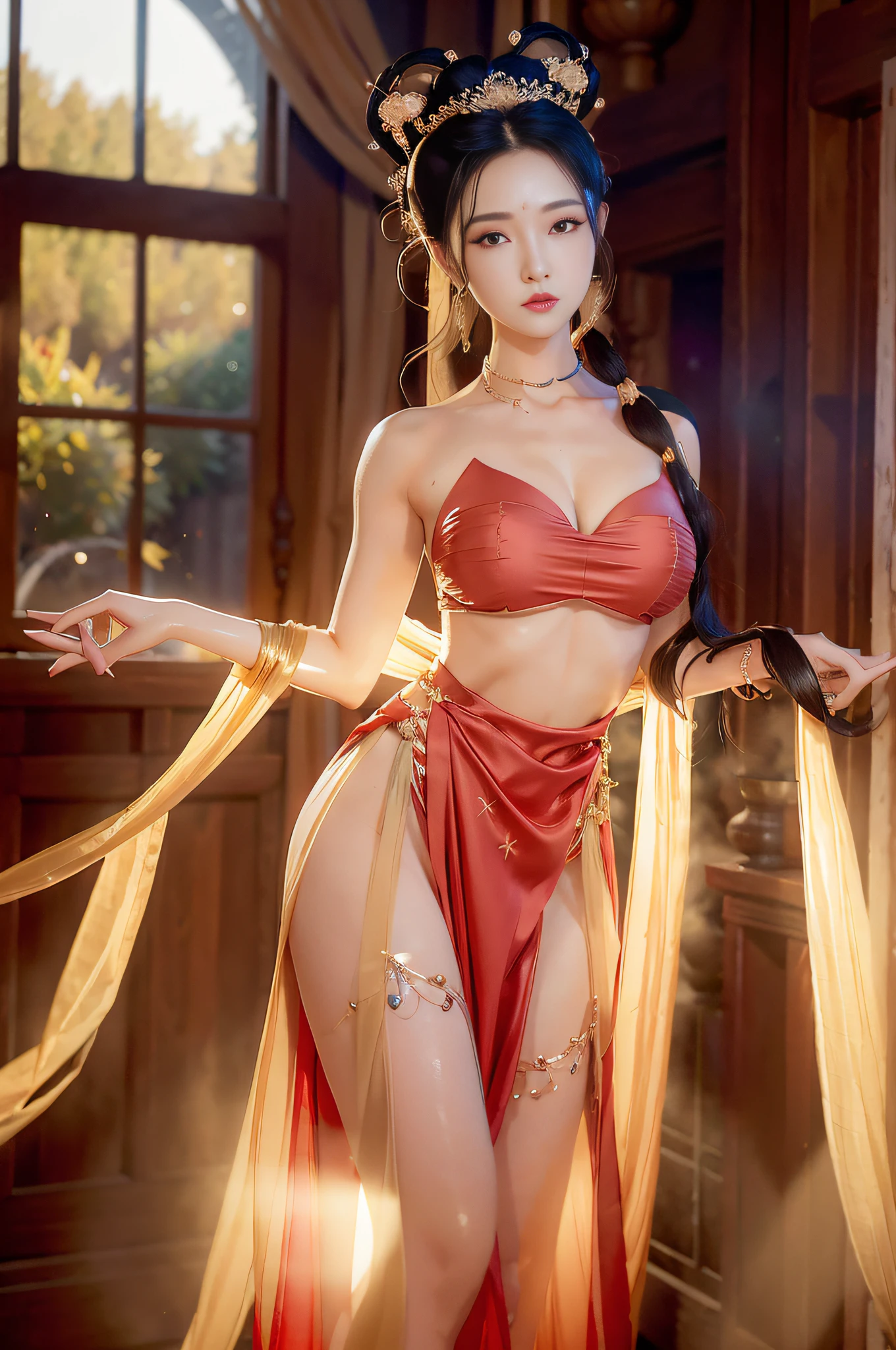Very detailed CG unity 8k wallpaper, (masterpiece), (best quality), (ultra-detailed), (ultra-realistic), (best character detail: 1.36), Nikon d750 f/1.4 55mm, dynamic angle, professional lighting, photon mapping, radiosity, physically based rendering, blush, 1girl, mature woman,, golden ratio, (Kpop idol), (oil skin: 1.2), (oil skin: 1.1), makeup, [:(high Detailed face:1.2):0.2]:,PureErosFace_v1, ((curly black hair and delicate style)), (aegyo sal:1), (puffy eyes), (eyelashes: 1.1), (lips: 1.1), red lipstick, wide shoulders, (big breasts: 1.1), (cleavage: 1.1), sexy, drenched, bare shoulders, bare belly, (big ass: 1.2), bare legs, transparent silk gauze skirt, naked, see-through, Song dynasty, Song clothing , hyper-realistic photo, naked, standing, legs open, buttocks, transparent, kissing, bathing, (bathing), woods, full body