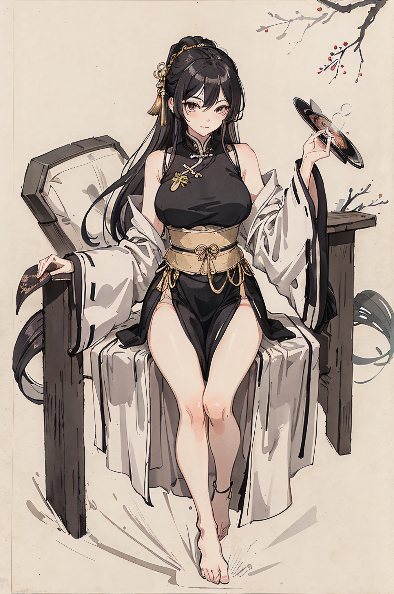 (masterpiece, best quality: 1.2), traditional Chinese ink painting, black hair, brown eyes, large breasts, Oversized dress :1.5, Couch, Ultra-detailed face, Detailed eyes, Double eyelid, sfw ,emphasizing slender abs :1.3, feet:1.4
