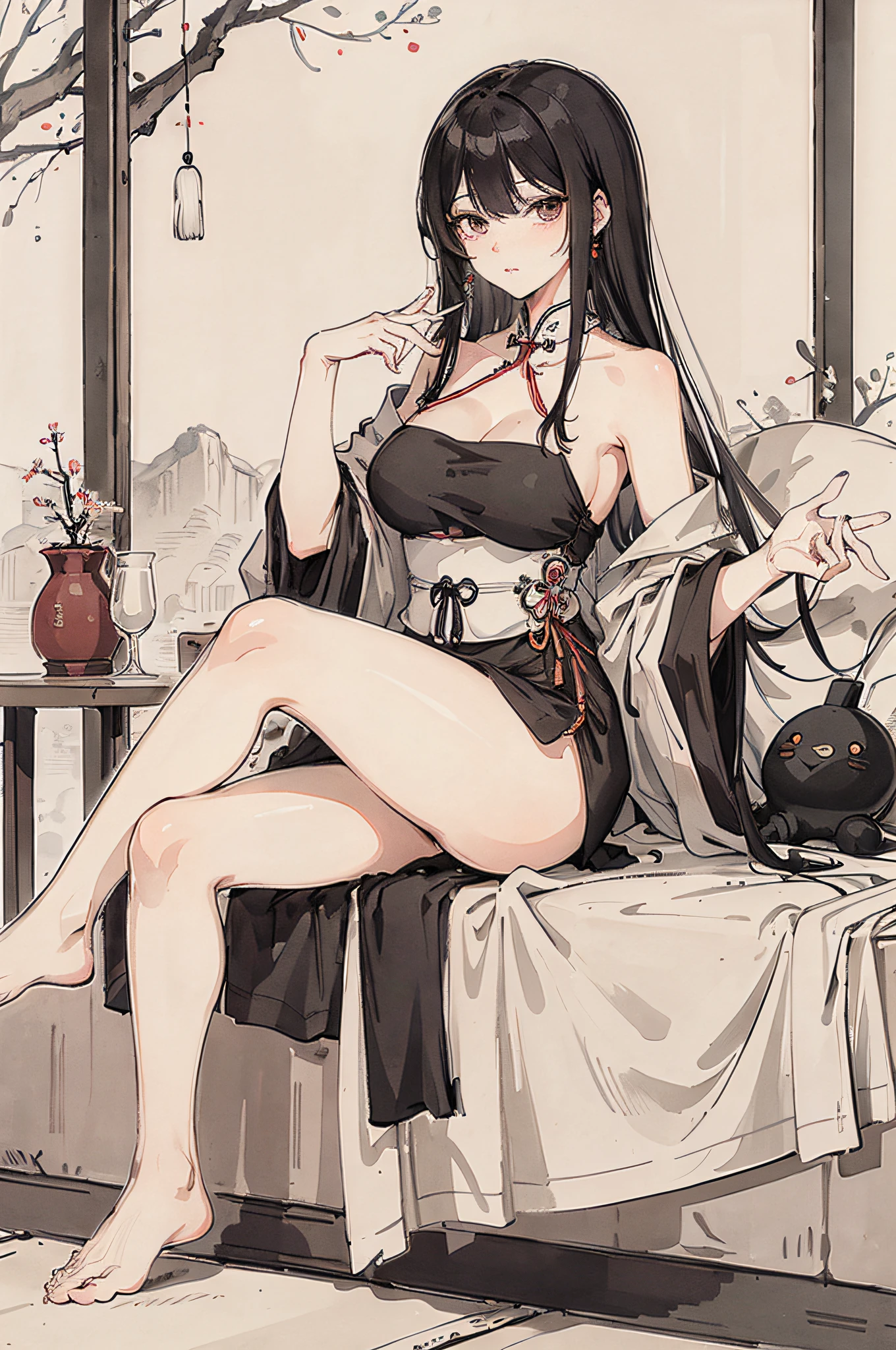 (masterpiece, best quality: 1.2), traditional Chinese ink painting, black hair, brown eyes, large breasts, Oversized dress :1.5, Couch, Ultra-detailed face, Detailed eyes, Double eyelid, sfw  ,emphasizing slender abs :1.3, feet:1.4