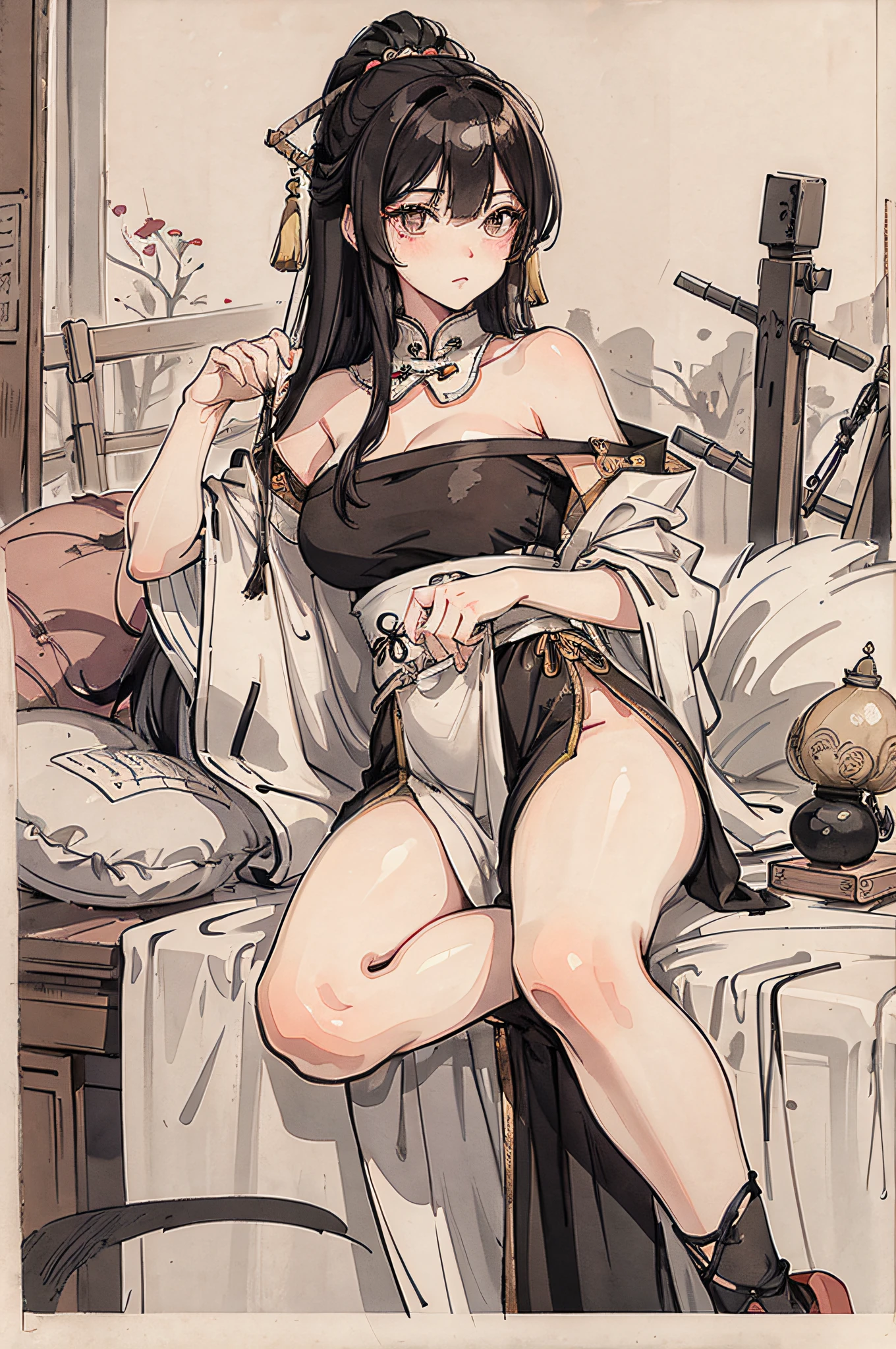 (masterpiece, best quality: 1.2), traditional Chinese ink painting, black hair, brown eyes, large breasts, Oversized dress :1.5, Couch, Ultra-detailed face, Detailed eyes, Double eyelid, sfw ,emphasizing slender abs :1.3, feet:1.4