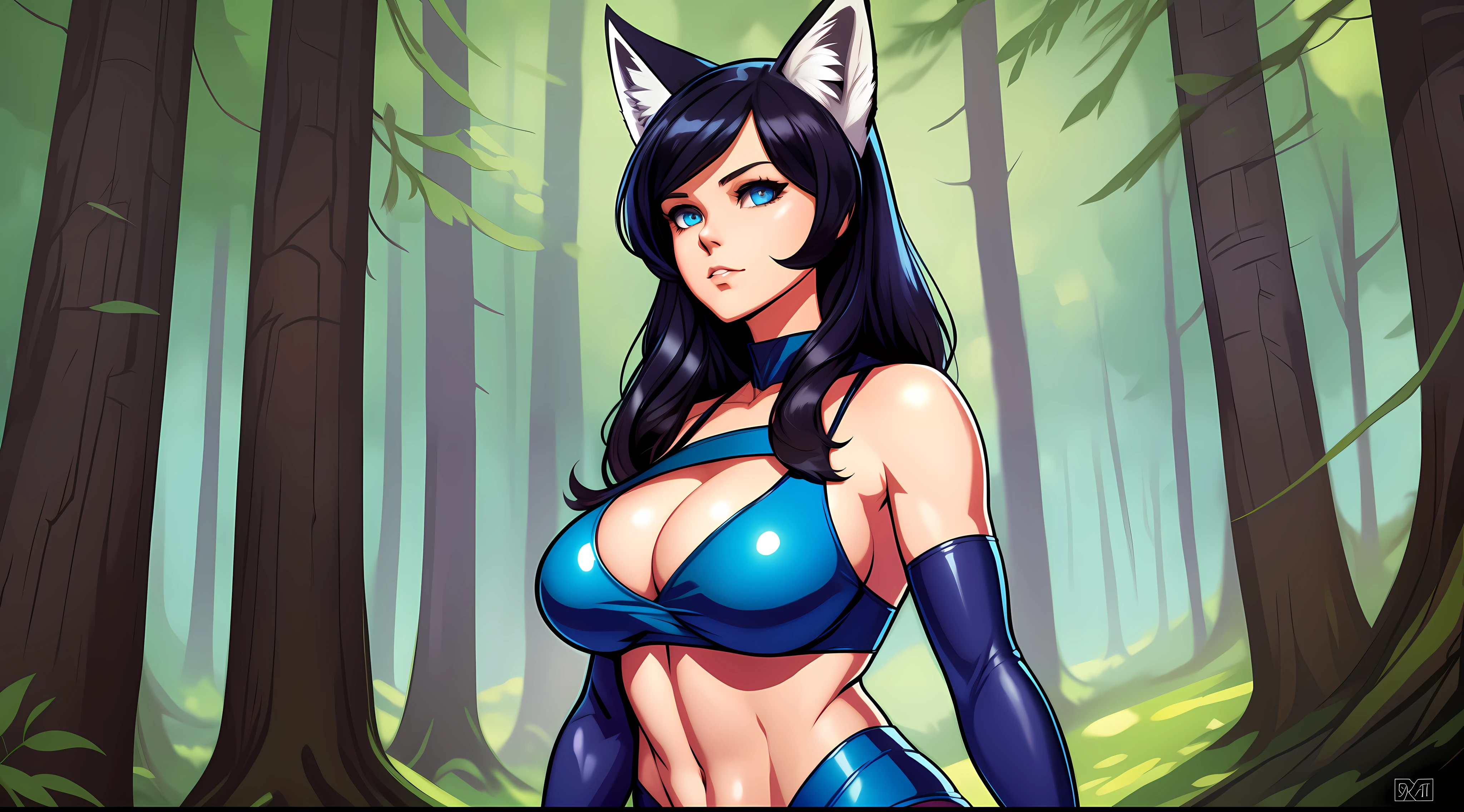 fox girl in a forest, fox ears, comics style art, lois van baarle and rossdraws, jen bartel, comic book art style, marvel comics style, martin ansin, bikini armor, huge breasts, black hair, blue eyes, wide hips, thick thighs, muscles, abs