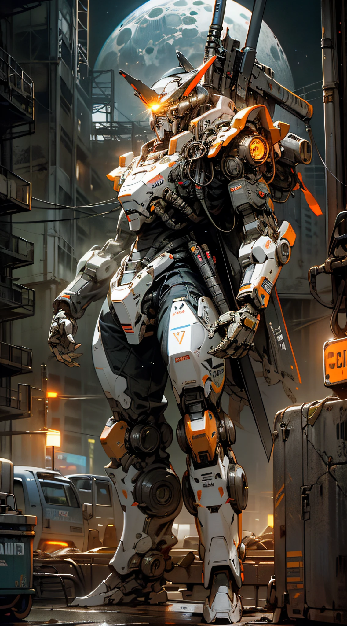On the moon,barren planets, ruins, holding_weapon, no_humans, glowing, robot, building, glowing_eyes,orange mecha, science_fiction, city, realistic,mecha,Milky Way Galaxy background,neon,cyberpunk,