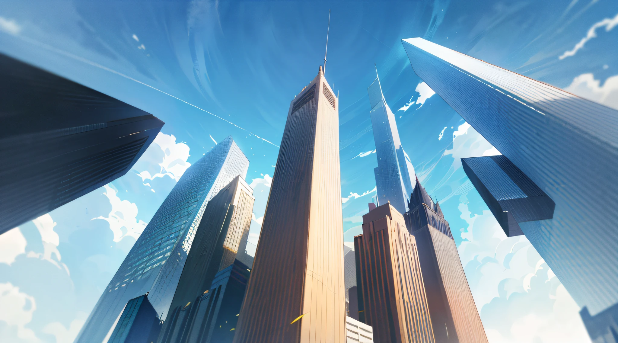 arafficial skyscrapers in a city with a blue sky, shot from a low angle, singular gigantic building focus, architectural shot, with tall glass skyscrapers, dynamic low angle shot, low angle wide shot, view from bottom to top, cinematic view from lower angle, tall buildings on the sides, emphasis on tall buildings, upwards perspective, seen from below