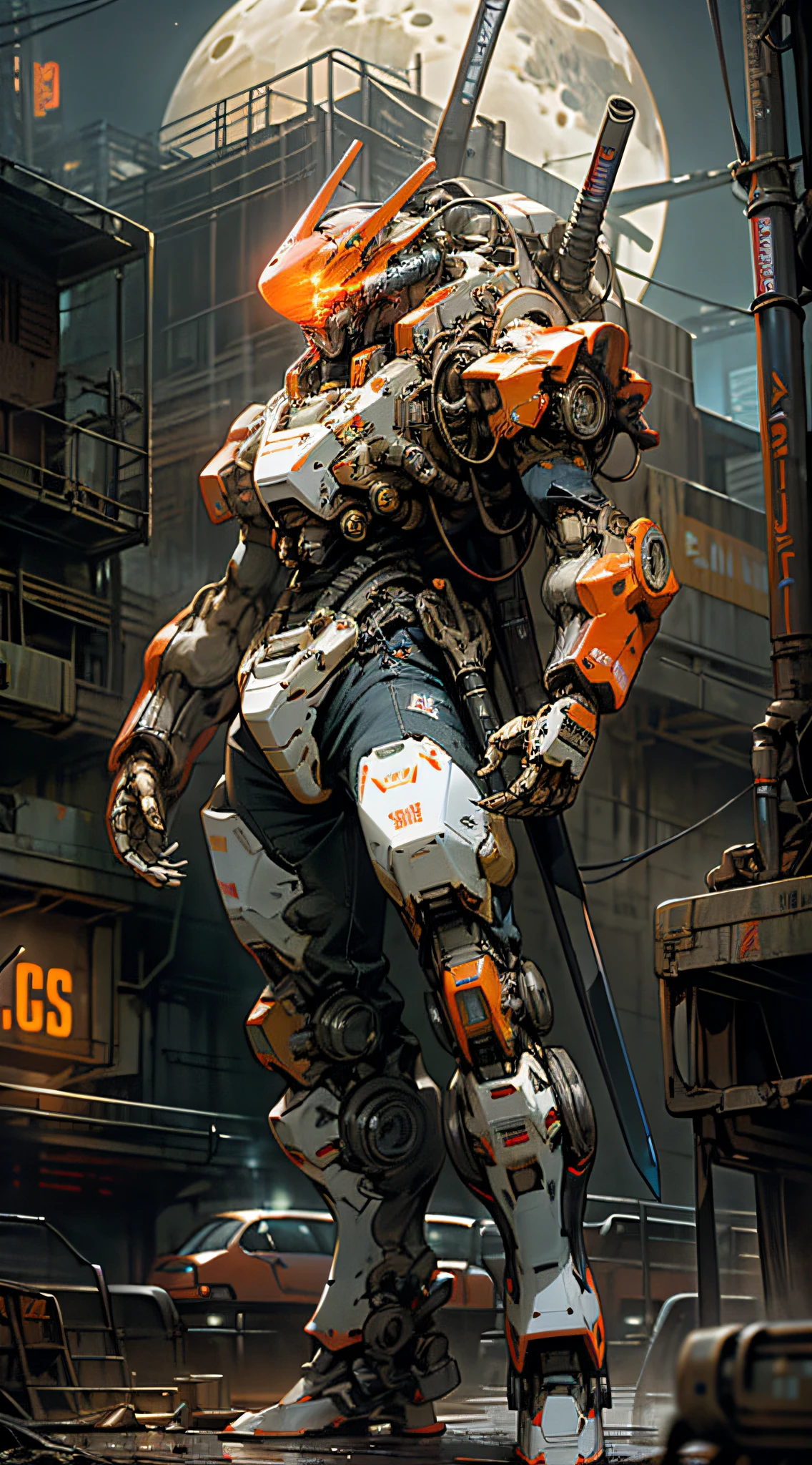 On the moon,barren planets, ruins, holding_weapon, no_humans, glowing, robot, building, glowing_eyes,orange mecha, science_fiction, city, realistic,mecha,Milky Way Galaxy background,neon,cyberpunk,