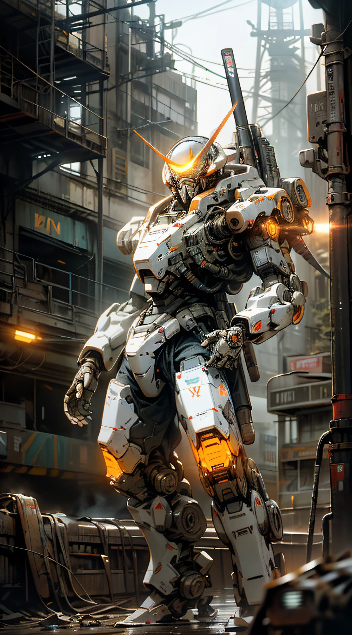 On the moon,barren planets, ruins, holding_weapon, no_humans, glowing, robot, building, glowing_eyes,orange mecha, science_fiction, city, realistic,mecha,Milky Way Galaxy background,neon,cyberpunk,
