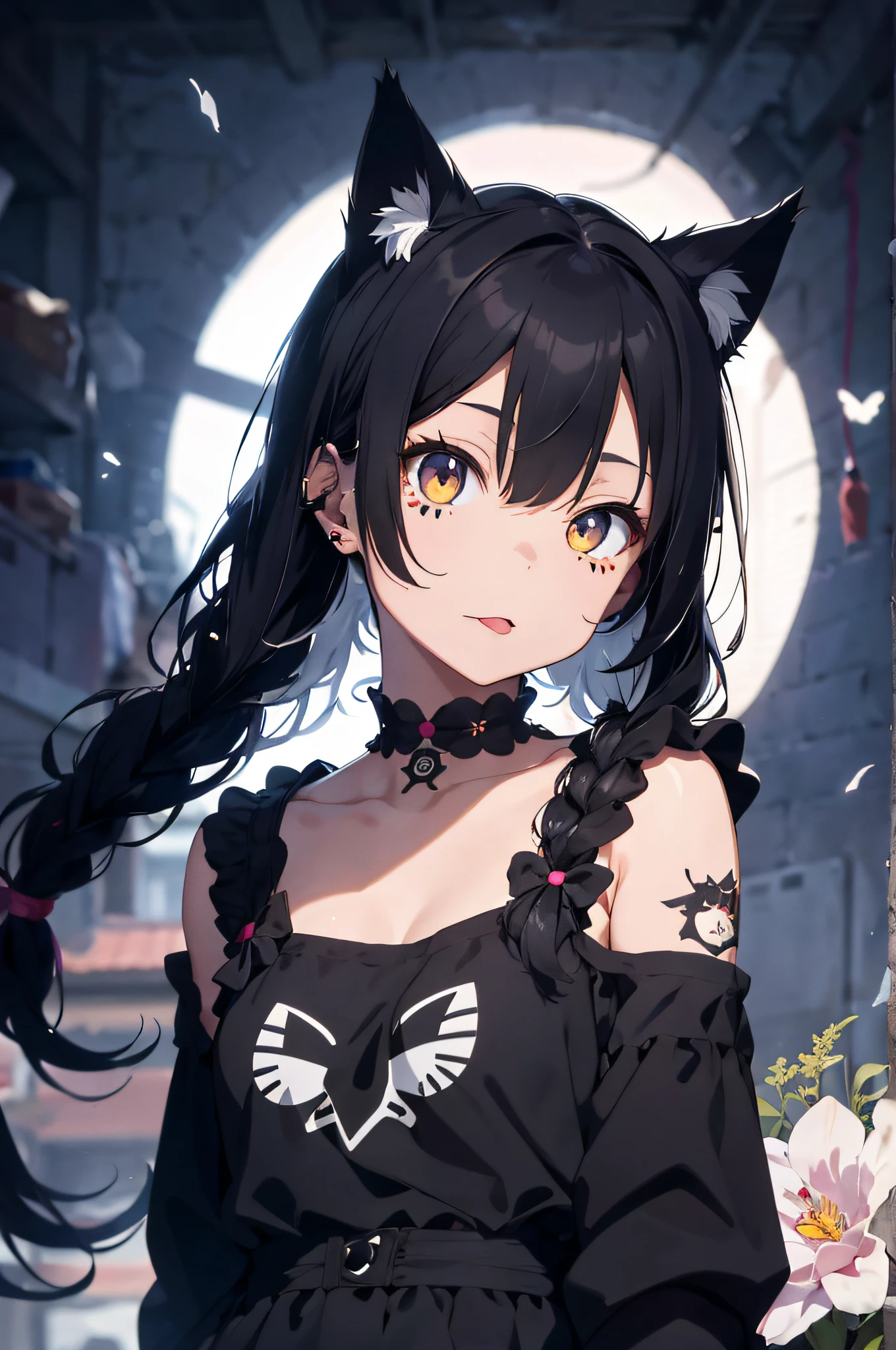 lorua, 1girl, cat ears, bangs, black background, black hair, dull bangs, braids, bunny ornaments, bunny tattoos, chest tattoos, cigarettes, collarbones, colored eyelashes, cross lace clothing, face tattoos, fake animal ears, flowers, flower tattoos, full body tattoos, hair flowers, hair ornaments, jewelry, (limited palette)), long hair, long sleeves, watch viewer, neck tattoo, off-shoulder, Cat ears, Side lock, Simple background, tattoo, tongue stickout, twin blades, underwear, very long hair, ((Masterpiece)) wakame, wakame, wakame, wakame,
