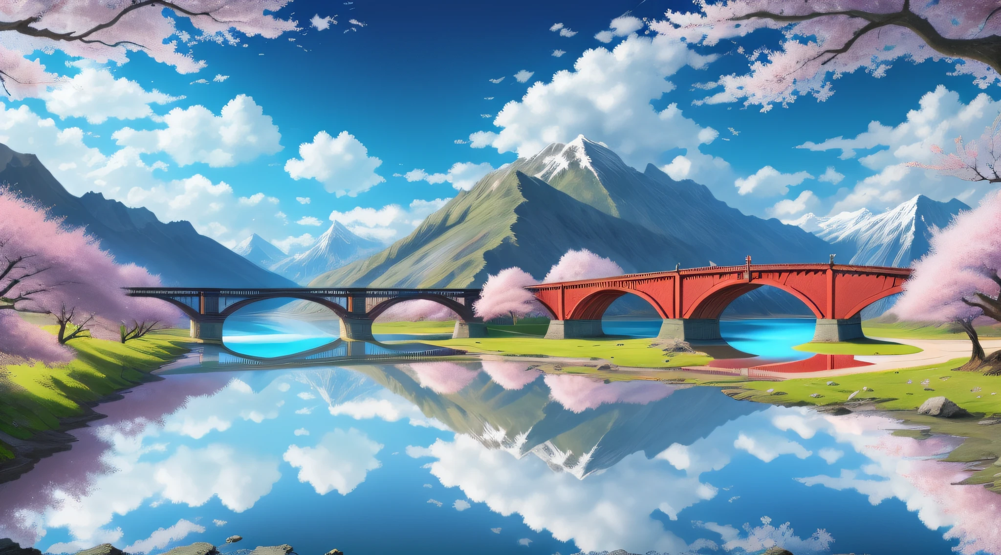 scenery, no humans, outdoors, tree, sky, cherry blossoms, day, cloud, mountain, water, river, blue sky, reflection, landscape, copyright name, nature, bridge, lake