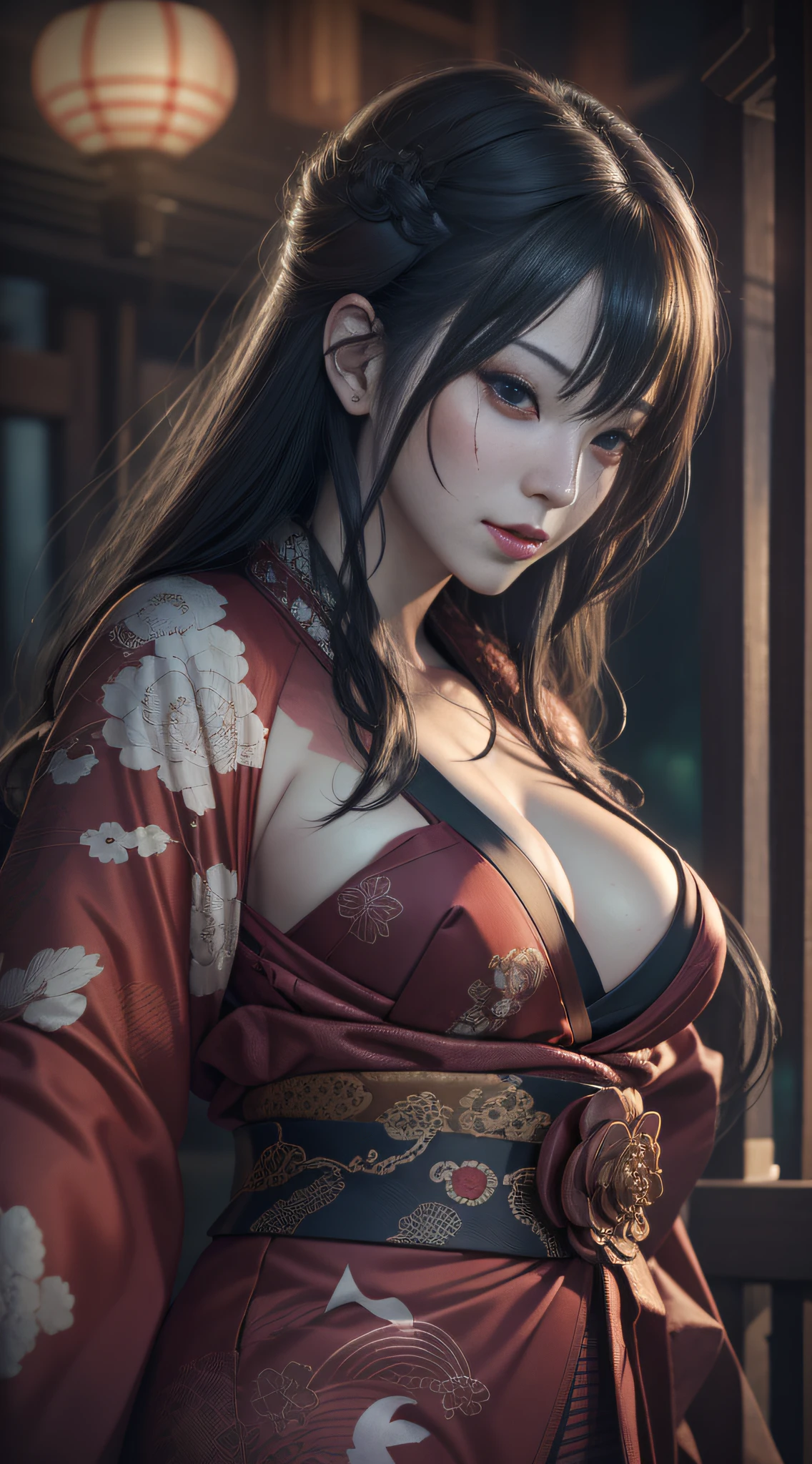 Yokai, grudges, beautiful Japan women in kimonos, traditional kimonos of Japan, hammering, dismemberment, fluttering chest, fluttering inner thighs, world of Spirited Away, undulating proportions, seductive poses, provocative smiles, mature women, night scene, moonlight lighting, Japan fantasy background, lantern vermilion lantern, lantern vermilion lantern, red light, from below, masterpiece, exquisite and artistic face, very detailed and expressive eyes, Shiny hair, highly detailed face and skin texture, highly detailed skin with pores, detailed hand description, detailed leg description, 8K, 16K, top quality, professional writing, radiosity, film lighting, dramatic lighting, photorealistic, exquisite CG, physical rendering, ultra-realistic, realistic and realistic textures, Unreal Engine 5, dynamic angles,