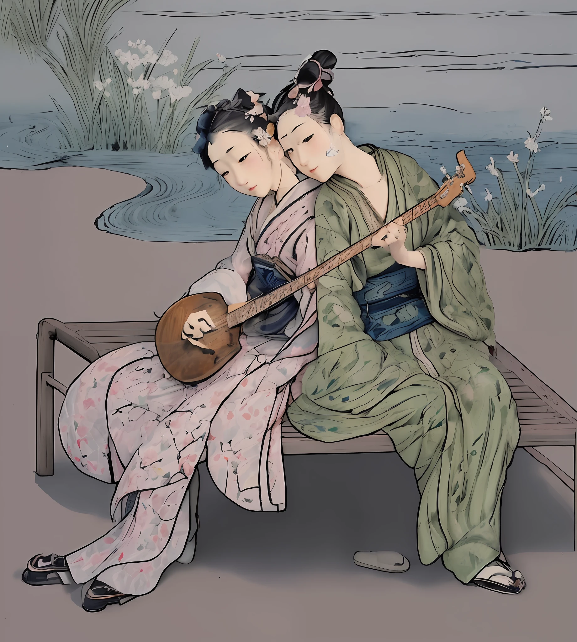 Painting of two women sitting on a bench playing musical instruments, Shoen Uemura, Harunobu Suzuki, Yasunari Ikenaga, Mitsunobu Tosa, Korin Ogata, Tama Kiyohara, Sukenobu Nishikawa, Hiroson Ohara, gorgeous colors
