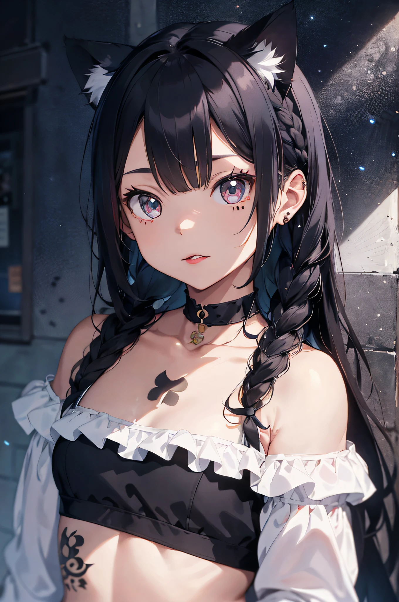 lorua, 1girl, cat ears, bangs, black background, black hair, dull bangs, braids, bunny ornaments, bunny tattoos, chest tattoos, cigarettes, collarbones, colored eyelashes, cross lace clothing, face tattoos, fake animal ears, flowers, flower tattoos, full body tattoos, hair flowers, hair ornaments, jewelry, (limited palette)), long hair, long sleeves, watch viewer, neck tattoo, off-shoulder, Cat ears, Side lock, Simple background, tattoo, tongue stickout, twin blades, underwear, very long hair, ((Masterpiece)) wakame, wakame, wakame, wakame,