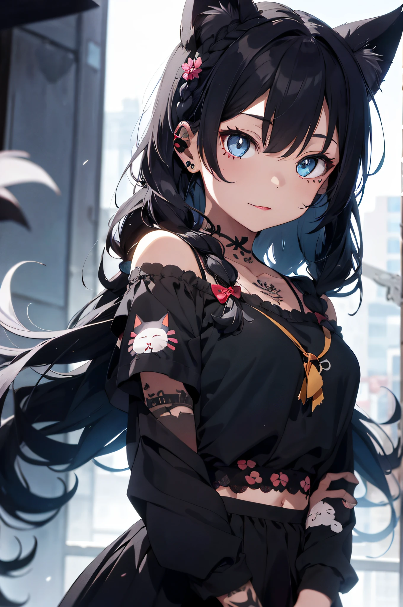 lorua, 1girl, cat ears, bangs, black background, black hair, dull bangs, braids, bunny ornaments, bunny tattoos, chest tattoos, cigarettes, collarbones, colored eyelashes, cross lace clothing, face tattoos, fake animal ears, flowers, flower tattoos, full body tattoos, hair flowers, hair ornaments, jewelry, (limited palette)), long hair, long sleeves, watch viewer, neck tattoo, off-shoulder, Cat ears, Side lock, Simple background, tattoo, tongue stickout, twin blades, underwear, very long hair, ((Masterpiece)) wakame, wakame, wakame, wakame,