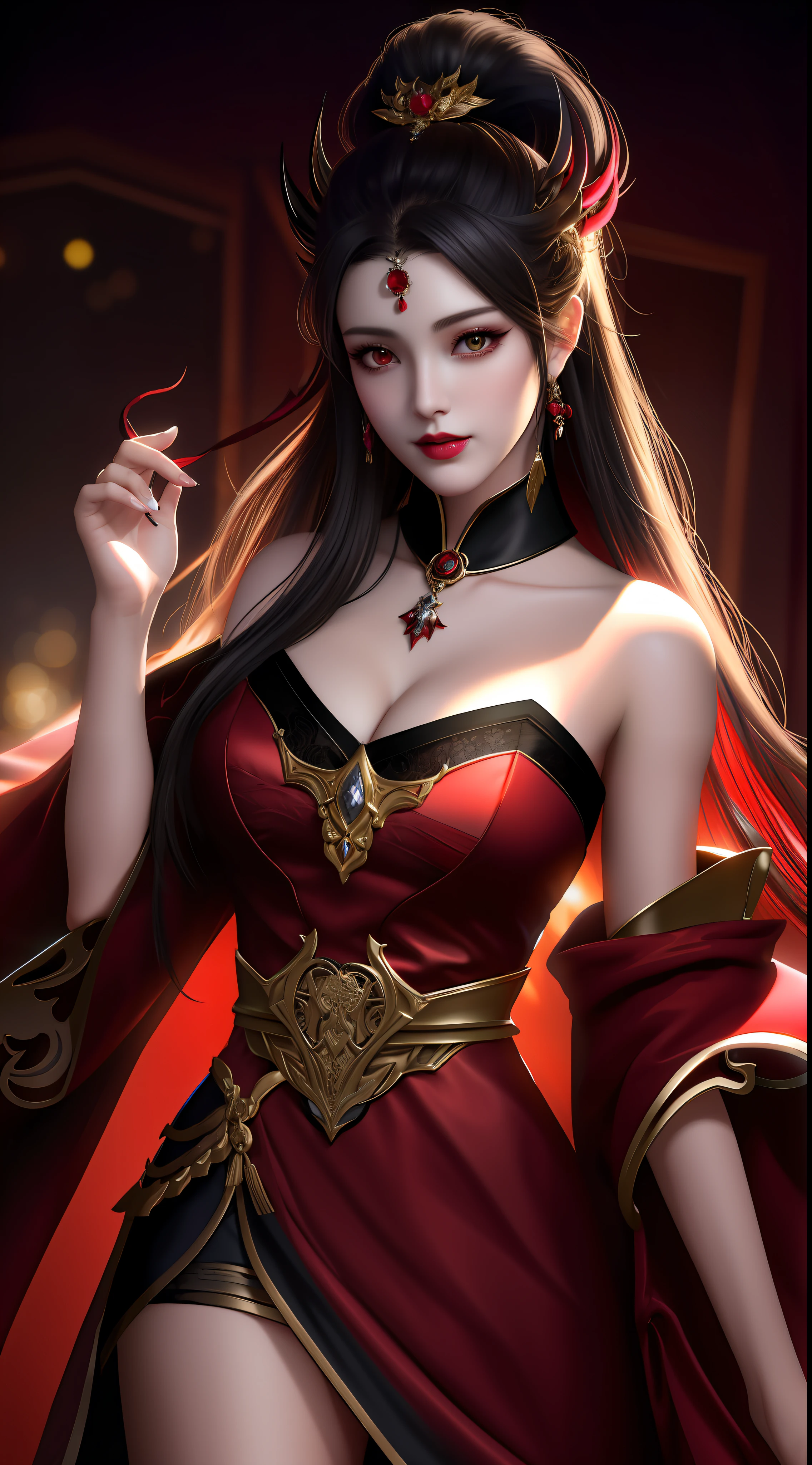 best quality, masterpiece, highres, 1girl, lingerie china armor, hair ornament, necklace, jewelry, Beautiful face, upon_body, tyndall effect, photorealistic, dark studio, rim lighting, two tone lighting, (high detailed skin:1.2), 8k uhd, dslr, soft lighting, high quality, volumetric lighting, candid, Photograph, high resolution, 4k, 8k, Bokeh, medium breasts, (light pink lips), 1 beautiful devil woman from hell, In the Dark: 1.6), surreal female portrait by David Hockney and Alphonse Mucha, fantasy art, korea doll, photorealism, dynamic lighting, artstation, poster, volumetric lighting, very detailed faces, 8k ultra, Awarded, in the dark, deep shadow, low key, cowboy lens, (Red phoenix dress: 1.4), long hair, black hair, bust, luxurious palace, Royal style, devil crown, red eyes make up very sharp and detailed, The most beautiful face, The breasts are very big and round and round, Super realistic, chinese women's clothing, polo neck sweater, Charming smile, The eyes are very well made up, guweiz, devil style, wearing black mesh socks, Ponytail with a bow tied at the back of the hair, Red black lips, Devil tattoo on shoulder, wearing a thin red and black robe, the landscape is overcast and thunderous, (Portrait), Close-up of the main character, (Background details 1.8),