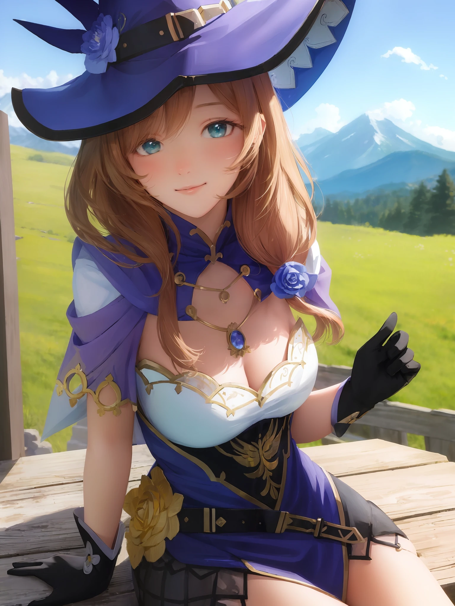 (masterpiece:1.5), best quality, extremely beautiful detailed anime face, depth of field, ultra-detailed, lisadef, upper body, smile, blush, outdoors, day, scenery, blue sky, short hair, sky, temple, looking at viewer, stairs, mountain, moody lighting, facing viewer,