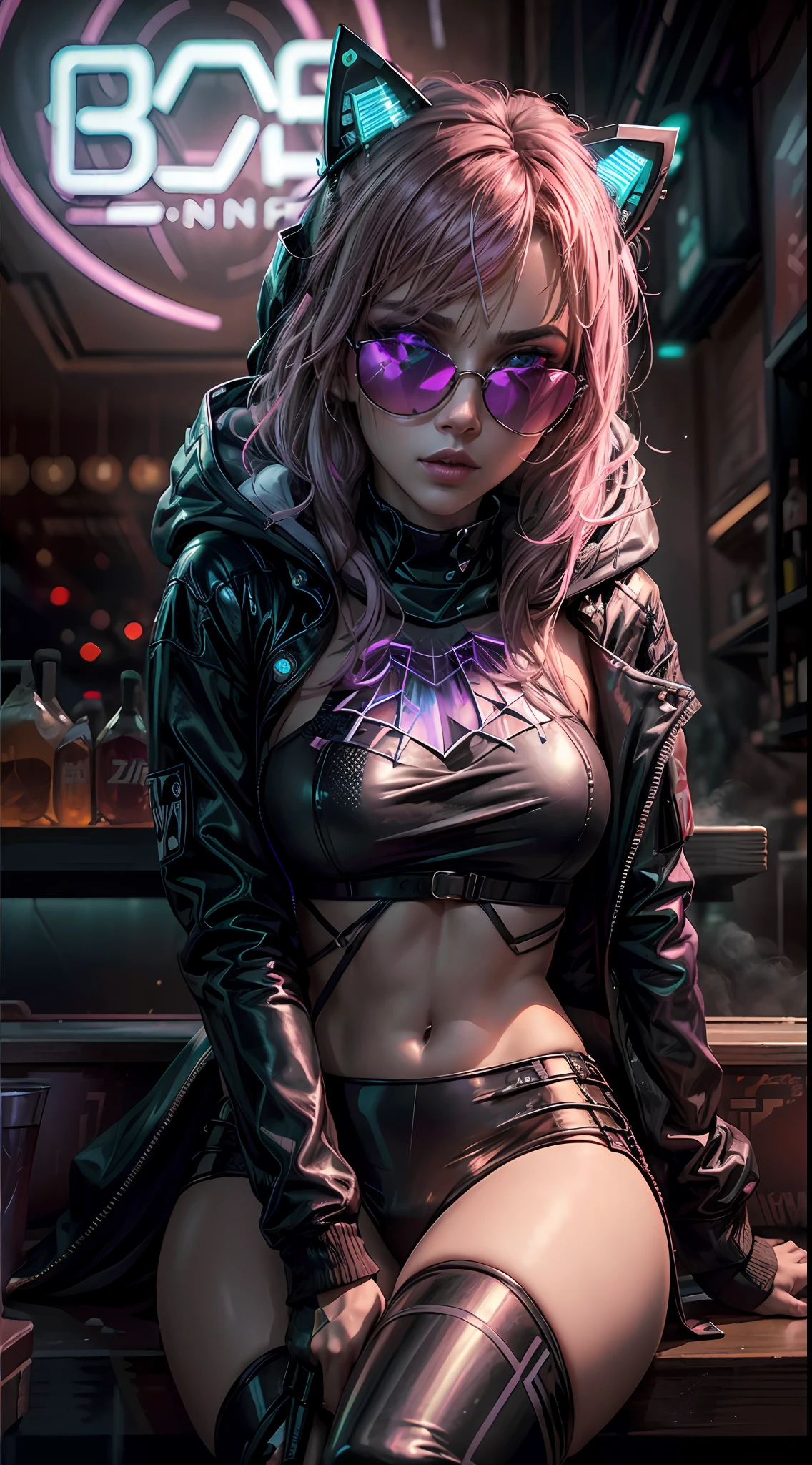 ((Best Quality)), ((Masterpiece)), (Very detailed: 1.3), 3D, NeonNoir, Beautiful Cyberpunk Woman, (With Sunglasses: 1.2), (diamond-shaped pupils: 1.2), Heart-shaped, wearing a long hooded cape, (with a hood: 1), purple neon on monitor, colorful neon sign on the wall, fluorescent, (white emitting: 1.1), contemptuous eyes, sitting in a bar, Sony master shot, Smoggy