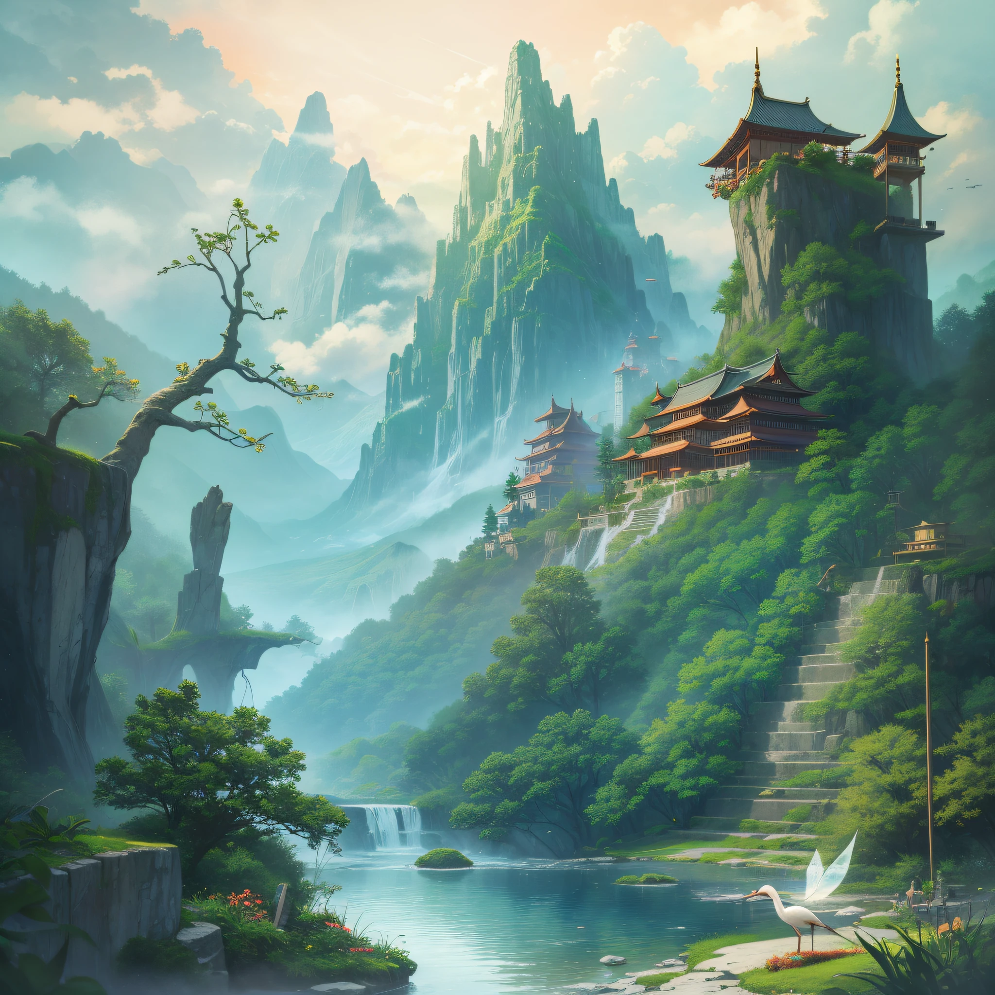 The mountains are stacked and cloudy
Ancient complexes with cornices and angles, shimmering on glazed tiles
Covered by green bamboo, peach blossoms are in full bloom, a harmonious scene
The air is filled with a faint aroma that makes people feel refreshed
A small stream babbles through it, and the water is crystal clear
A dancing crane adds a little fairy air to this scene
In the distance, a magnificent mountain gate can be seen, reminiscent of ancient Taoist temples
There is a small pavilion on the mountainside or at the top of the mountain, which offers a panoramic view of the entire mountain range
Lonely practitioners or strange characters appear in this scene from time to time, giving people a sense of mystery
The whole scene reveals a fresh, elegant and mysterious fairy atmosphere.