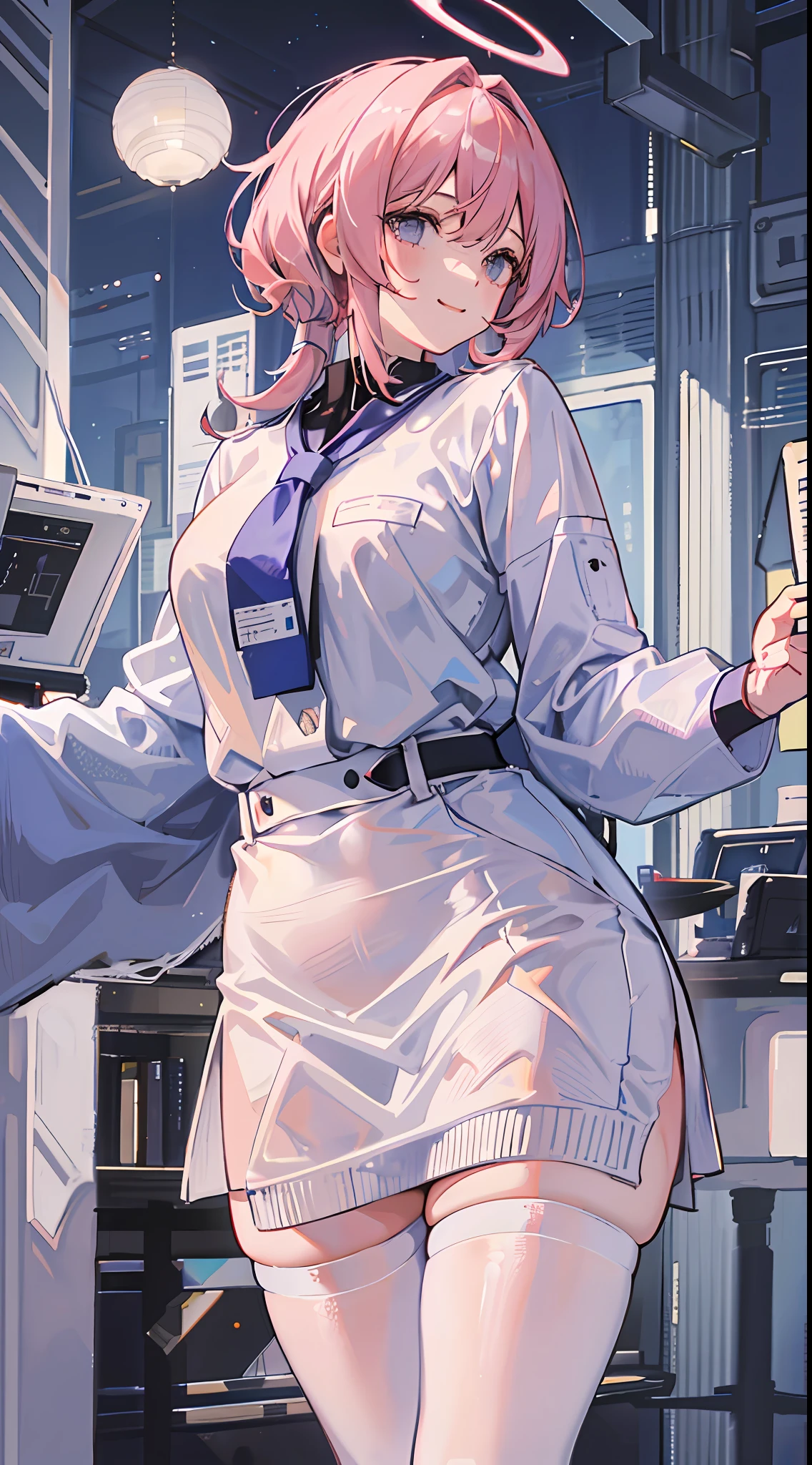 Girl examines the patient in a white hospital suit, ((masterpiece, excellent)), (1girl), (), light pink hair, halo, trumpet, ((office lady)), bangs, mid-chest, (plump), slim, smile, [wide buttocks], office, standing, aru \(blue archive\),