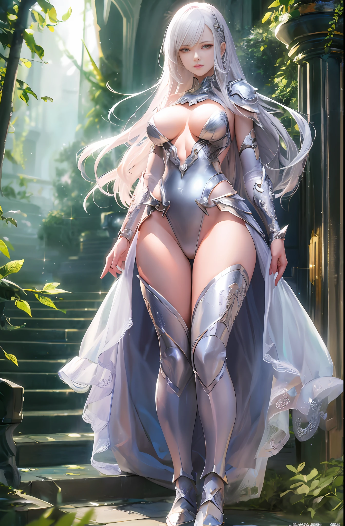 Master anime work, impeccable masterpiece, a mature female character standing in sexy transparent armor on a pure white background, female warrior, flowing silver hair, full body standing, slender legs, straight breasts, detailed face details, natural and beautiful standing posture, vivid and real body details