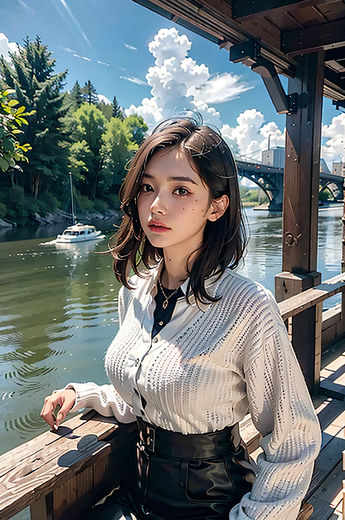 best quality, masterpiece, photo realistic, intricate details, raw photo, photon rendering, octane render, absurdres, ultra detailed, detailed face, detailed skin, trending on artstation,8k masterpiece,cinematic lighting, scenery, scenery, no humans, cityscape, sky, city, cloud, outdoors, building, sunset, city lights, bridge, river, tree, roadn, artist name,