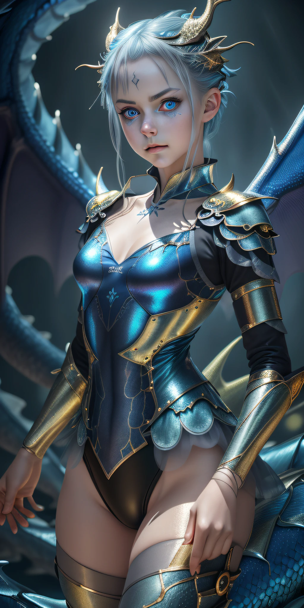 (RAW photo, realistic, photorealistic), German fairy, 1girl\(loli\) and (((metallic)) Iris blue dragon, German girl, pan, glaring dark gray background, dragon pan, slim, senxia style, cinematic lighting, accent lighting, strong rim lights, dramatic_shadow, ray_ tracing, 8k, HDR, (sexy, leotard armor),