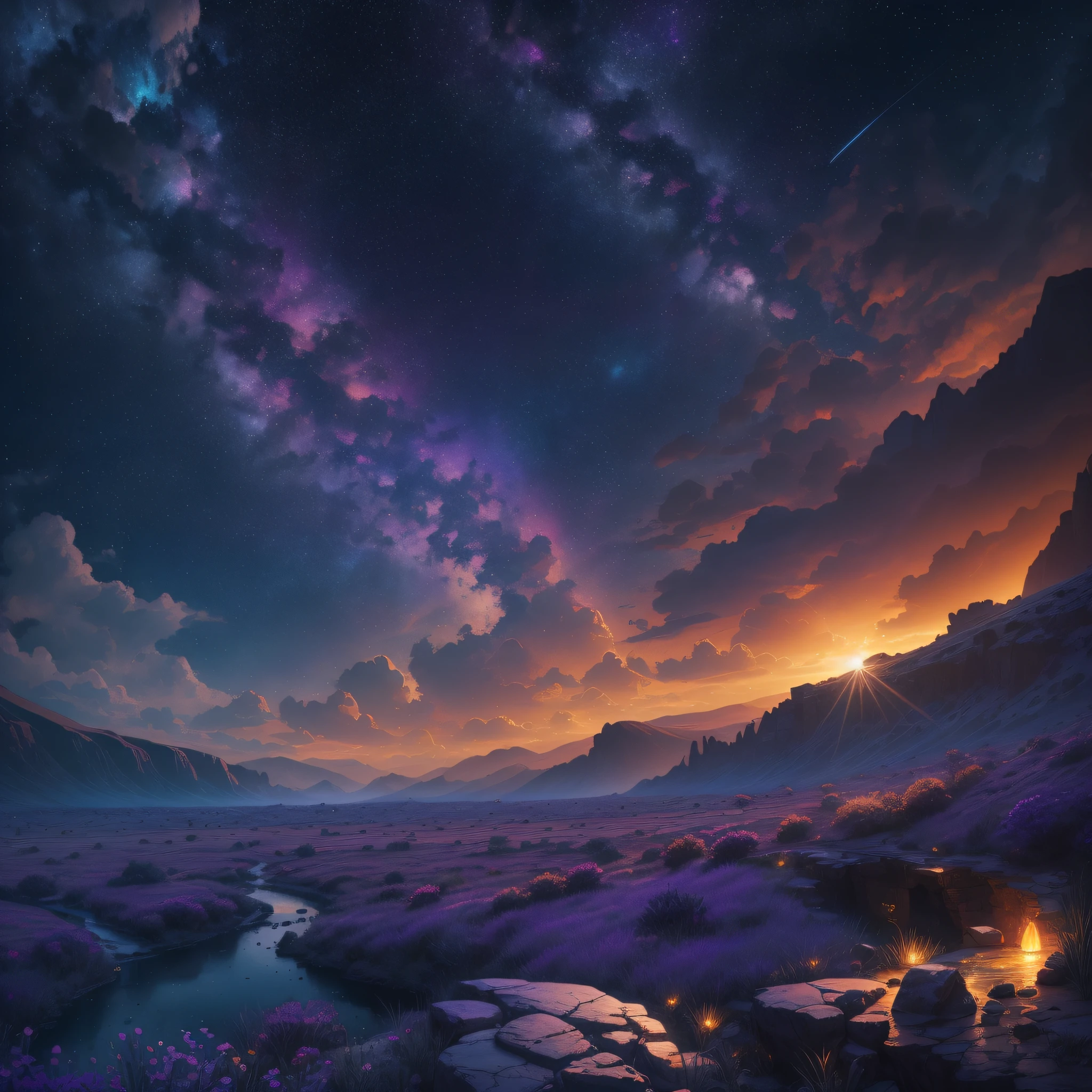 Surreal sunrise landscape photos, (sky, waterhole, plain, small plants), oddly shaped alien plants (best quality), 4k, ultra-detailed, (meteor: 0.9), (nebula: 1.3), fog, steep distant mountains, (high quality), (Warm Light Source: 1.2), (Firefly: 1.2), Lamps, Lots of Purple and Orange and Blue, Intricate Detail, Volumetric Lighting, (Best Quality), 4K, Ultra-Detailed, (Dynamic Composition: 1.4), Very Detailed, Rich in Detail, (Iridescent Colors: 1.2), (Glow Illumination, Atmospheric Illumination), Dreamy, Magical, Mysterious (Solo: 1.2) --auto --s2