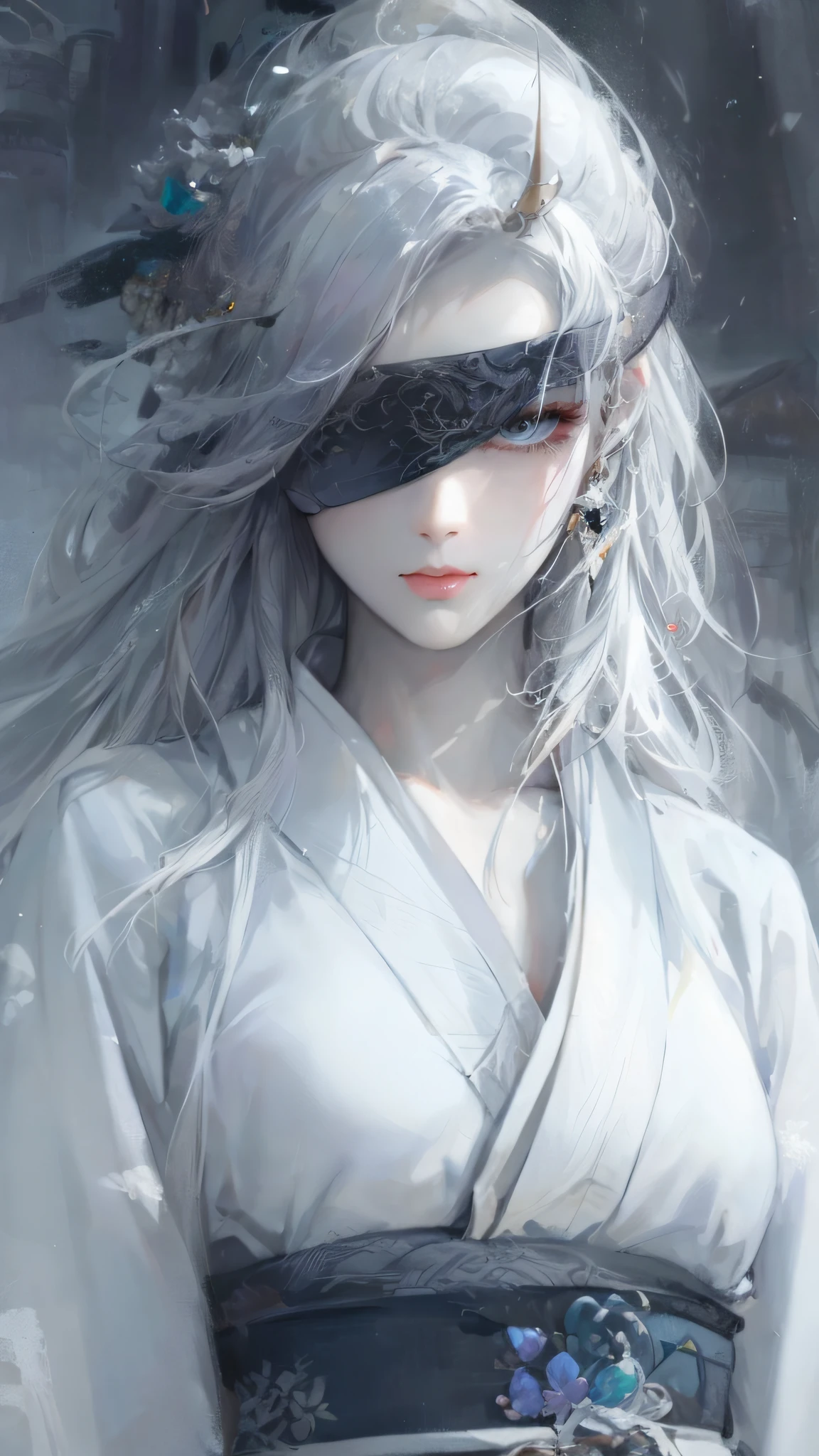 a close up of a woman with white hair and a white mask, beautiful character painting, guweiz, artwork in the style of guweiz, white haired deity, by Yang J, epic exquisite character art, stunning character art, by Fan Qi, by Wuzhun Shifan, guweiz on pixiv artstation