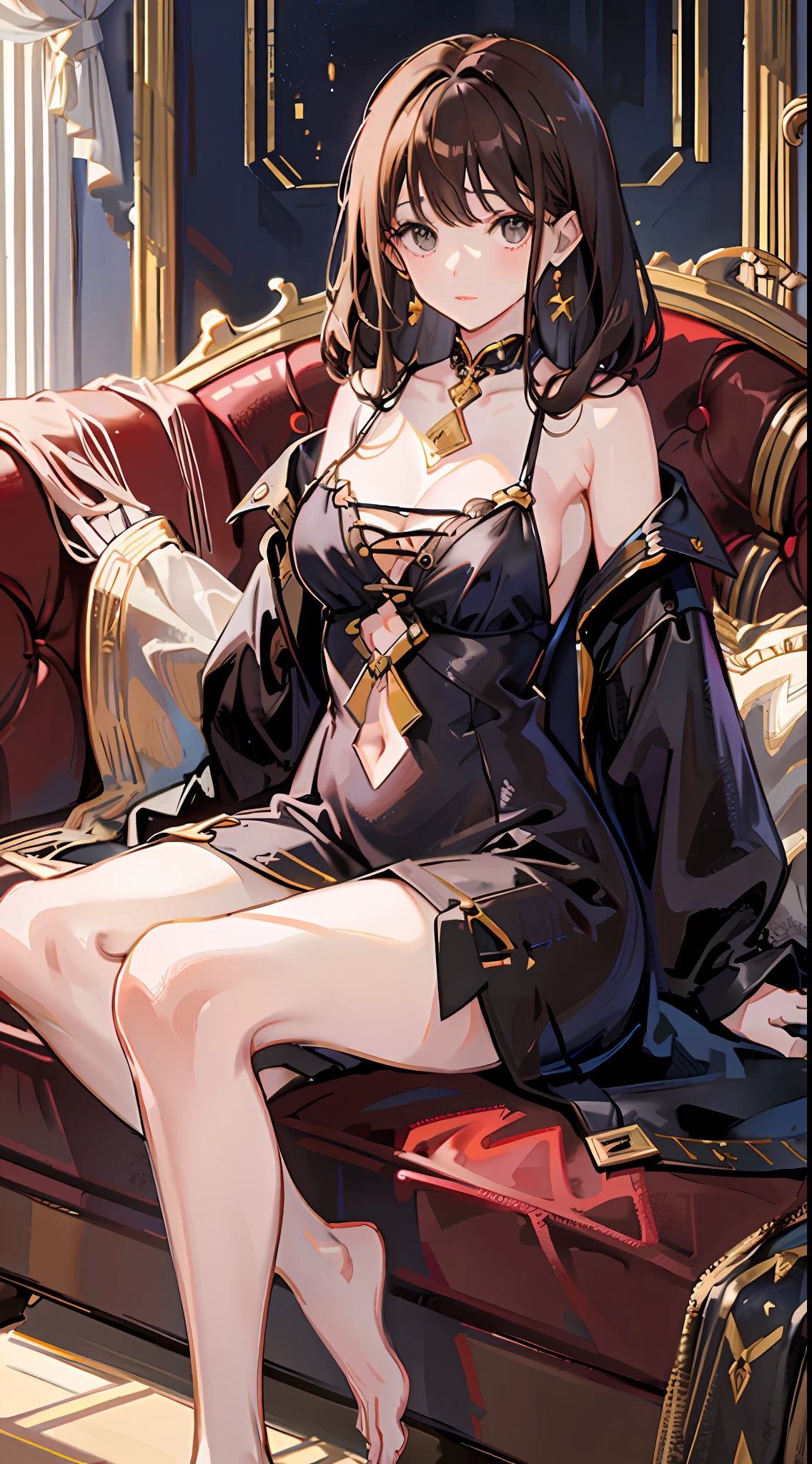 Brunette hair, brown eyes, room, oversized dress: 1.5, sofa, super fine face, delicate eyes, double eyelids, sfw, emphasis on slender abs: 1.3, feet: 1.4