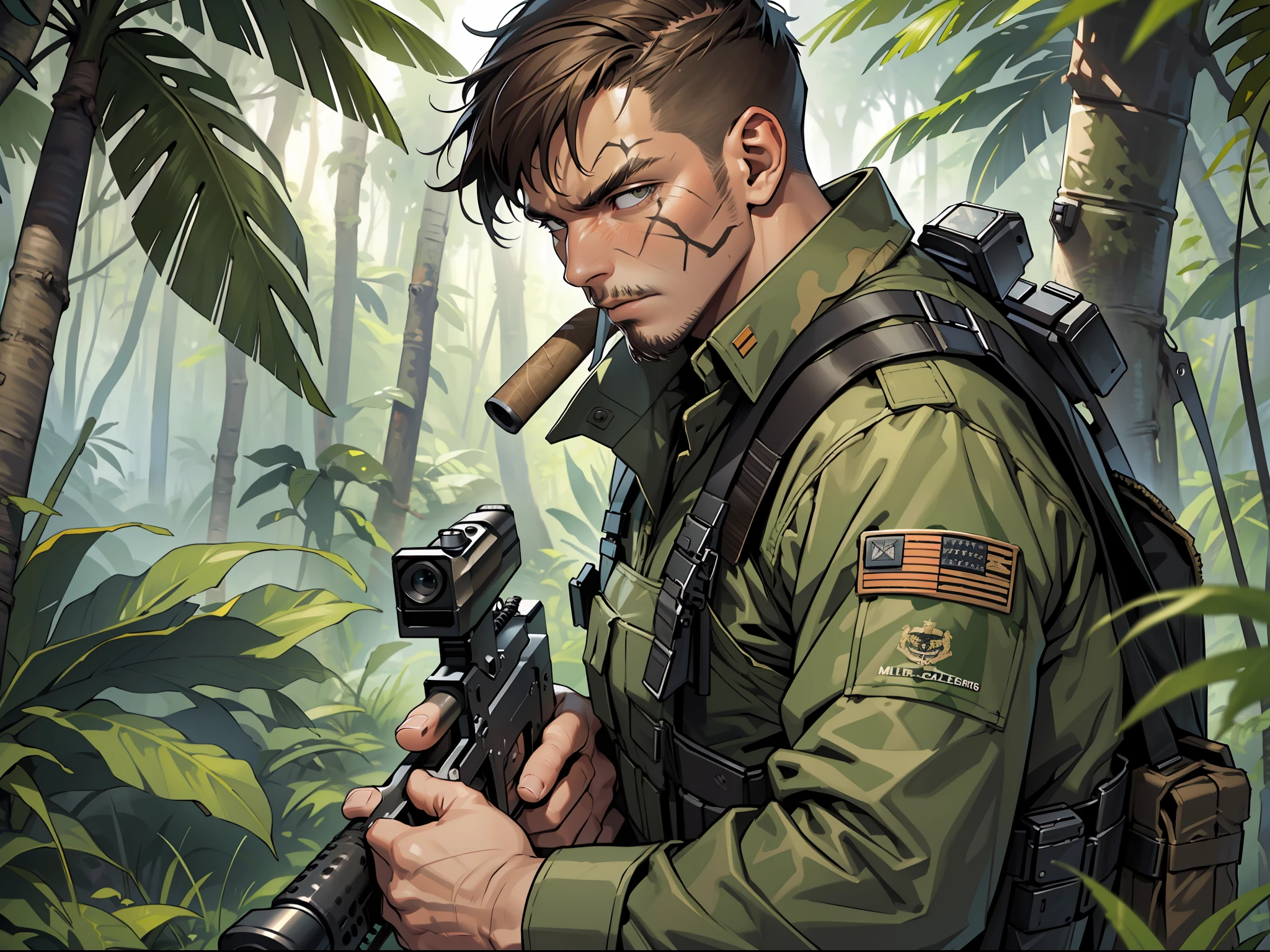 ((masterpiece)). ((best quality)), ((highres)), male focus, private military contractor, solder, mercenary, jungle camouflage battle dress uniform, cigar, aiming and firing an m16 rifle, assault rile, m16a2, intense look on his face, brown hair, short hair, assault vest, jungle backdrop, gritty war atmosphere --auto --s2