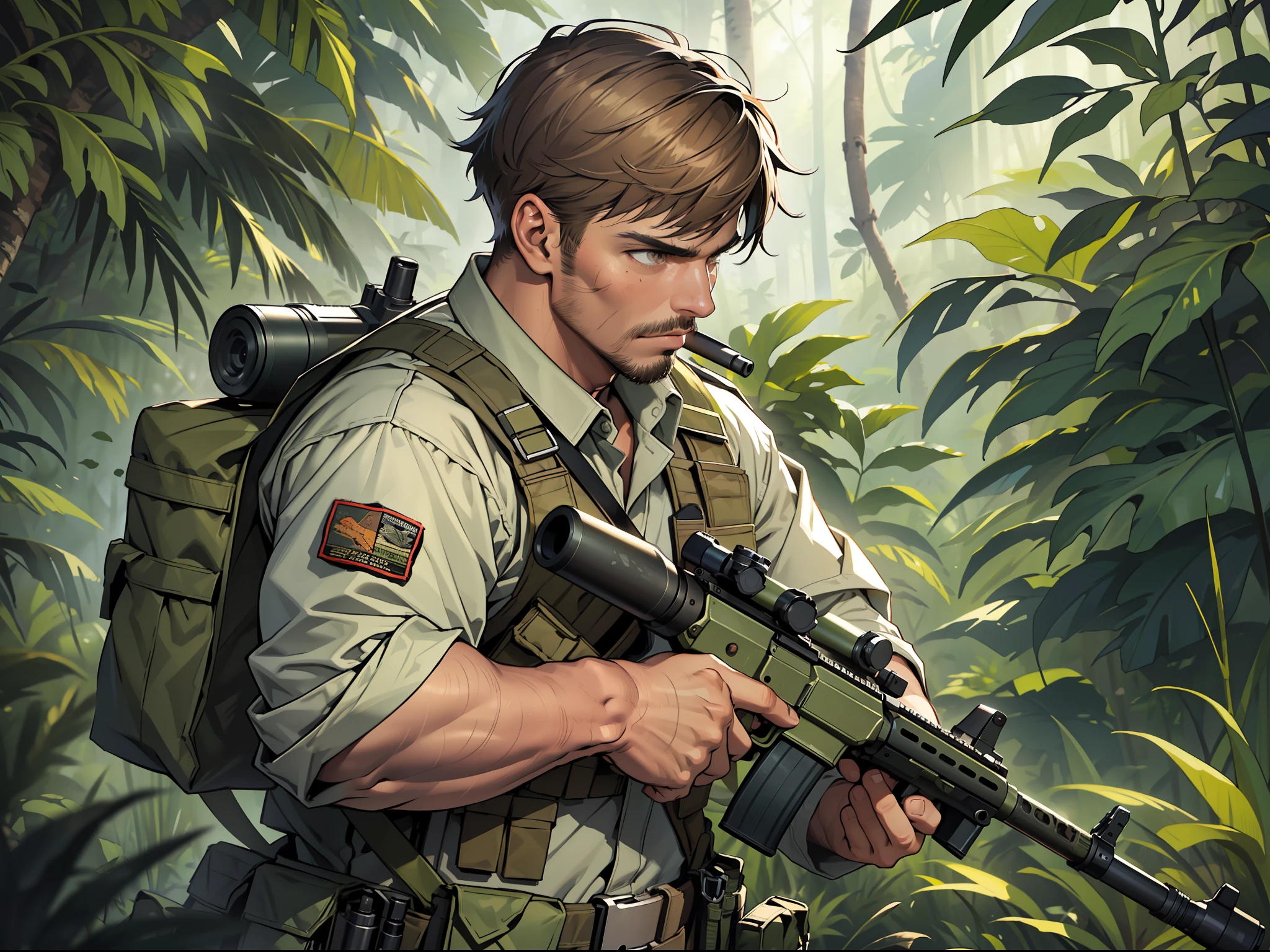 ((masterpiece)). ((best quality)), ((highres)), male focus, private military contractor, solder, mercenary, jungle camouflage battle dress uniform, cigar, aiming and firing an m16 rifle, assault rile, m16a2, intense look on his face, brown hair, short hair, assault vest, jungle backdrop, gritty war atmosphere --auto --s2