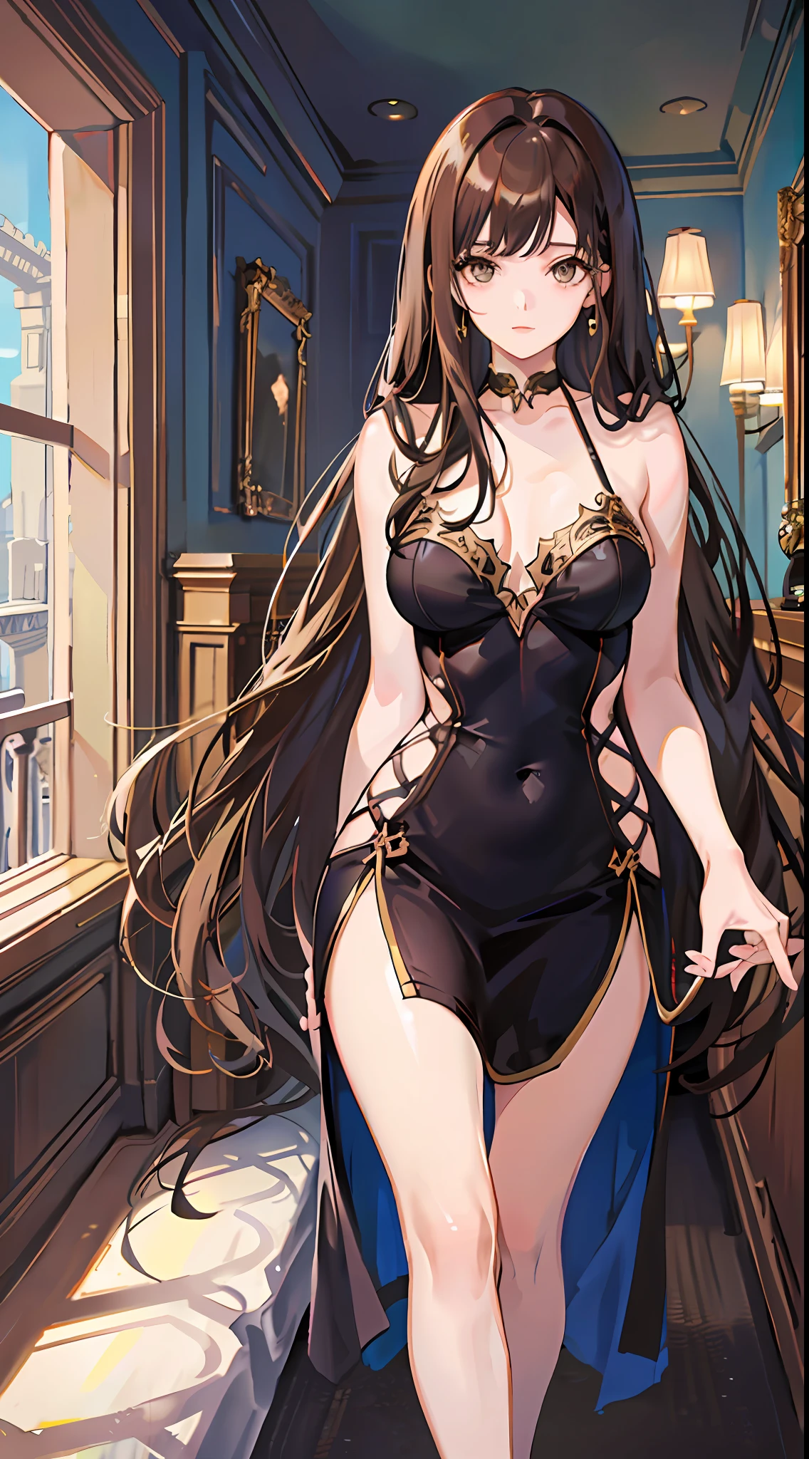 Brunette hair, brown eyes, room, oversized dress: 1.5, sofa, super fine face, delicate eyes, double eyelids, sfw, emphasis on slender abs: 1.3, feet: 1.4