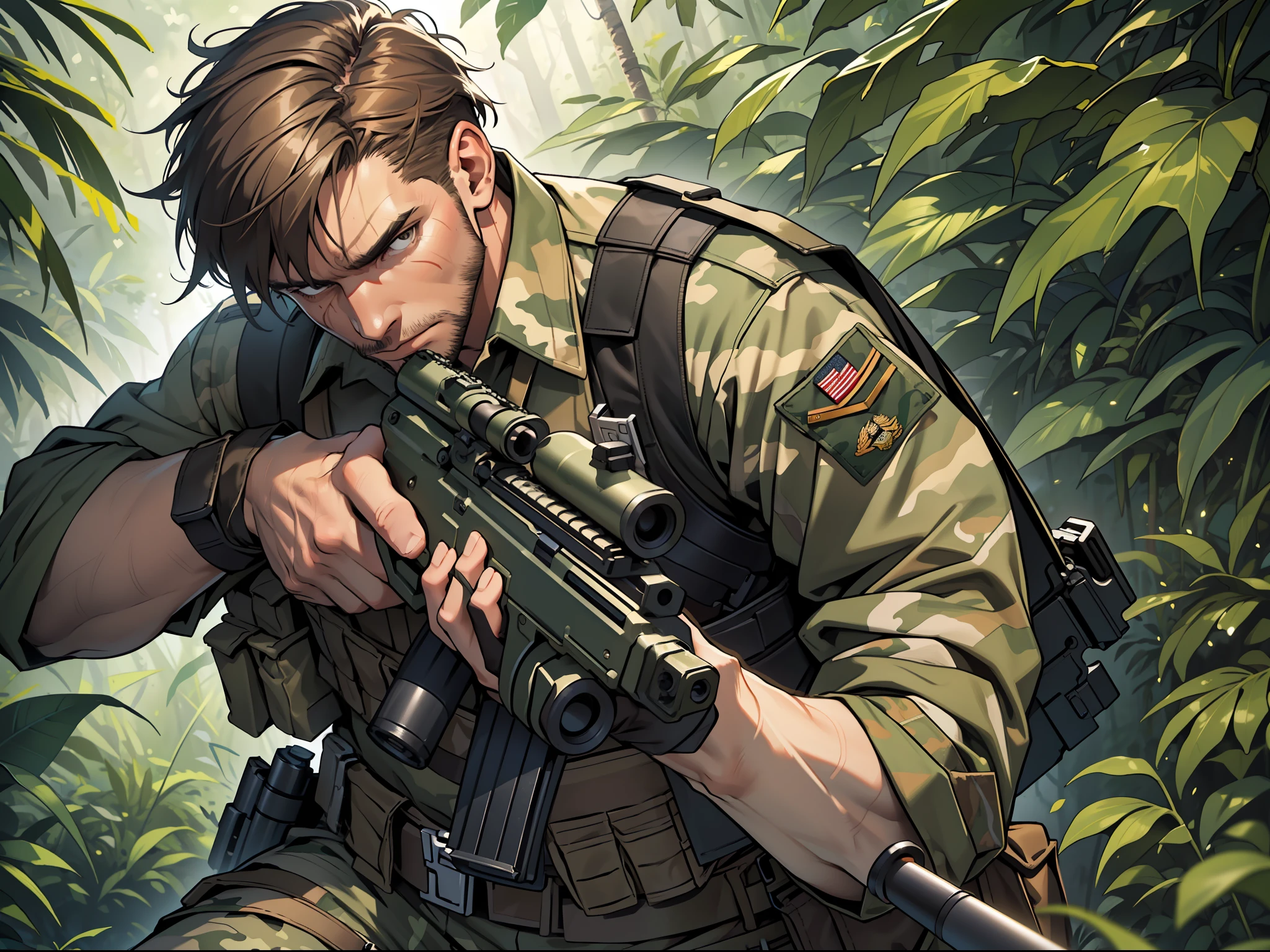 ((masterpiece)). ((best quality)), ((highres)), male focus, private military contractor, solder, mercenary, jungle camouflage battle dress uniform, cigar, aiming and firing an m16 rifle, assault rile, m16a2, intense look on his face, brown hair, short hair, assault vest, jungle backdrop, gritty war atmosphere --auto --s2