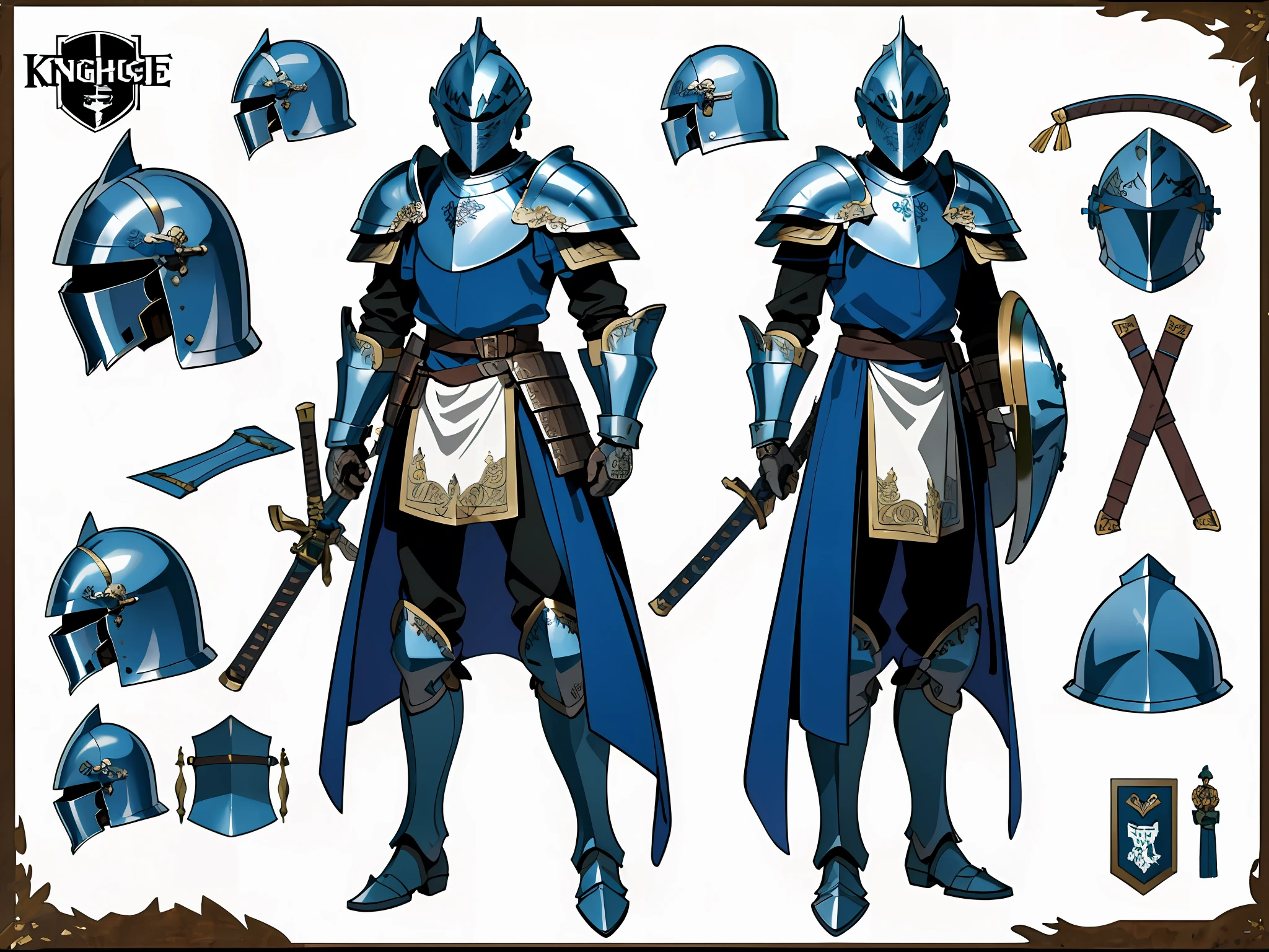 (Masterpiece, best quality) detailed, character sheet, many items (armor, helmets, weapons, shields, boots, gloves, riding equipment, helmets, decorations, many parts), knights, cartoons, full of details, multiple poss and expressions, highly detailed, depth, many parts