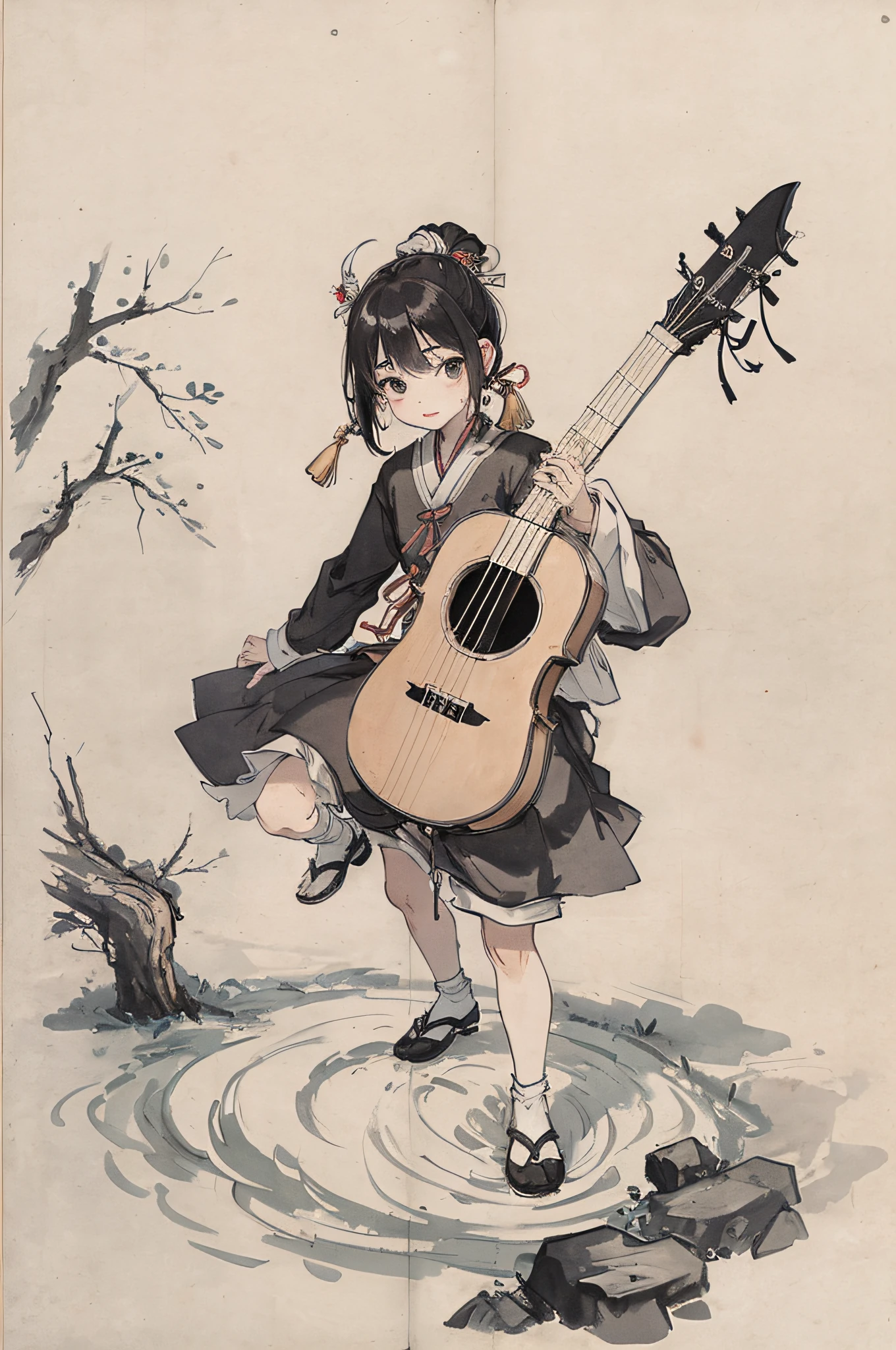 (Masterpiece, best quality: 1.2), traditional Chinese ink painting, a child, pipa