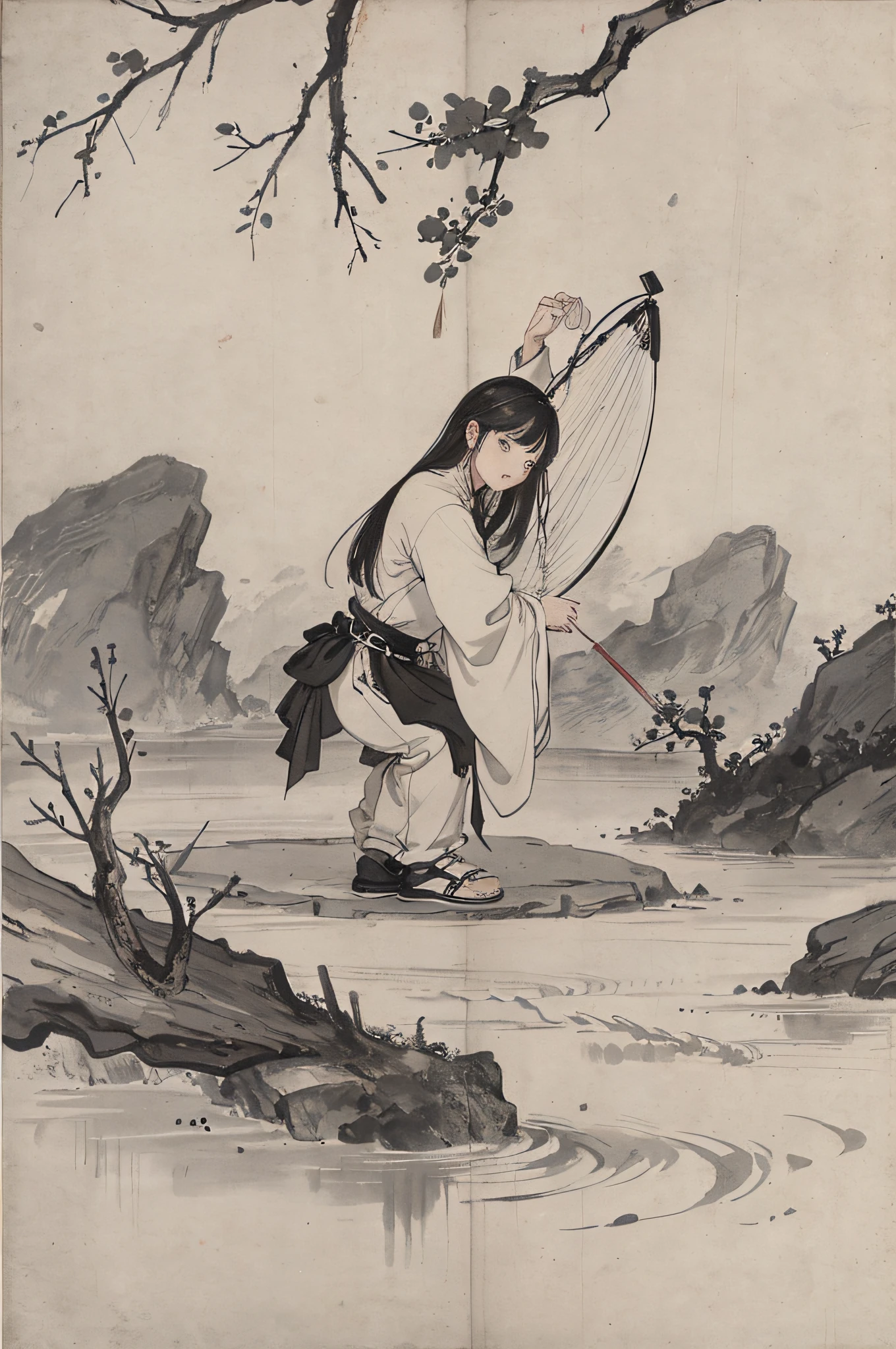 (Masterpiece, best quality: 1.2), traditional Chinese ink painting, a child, pipa