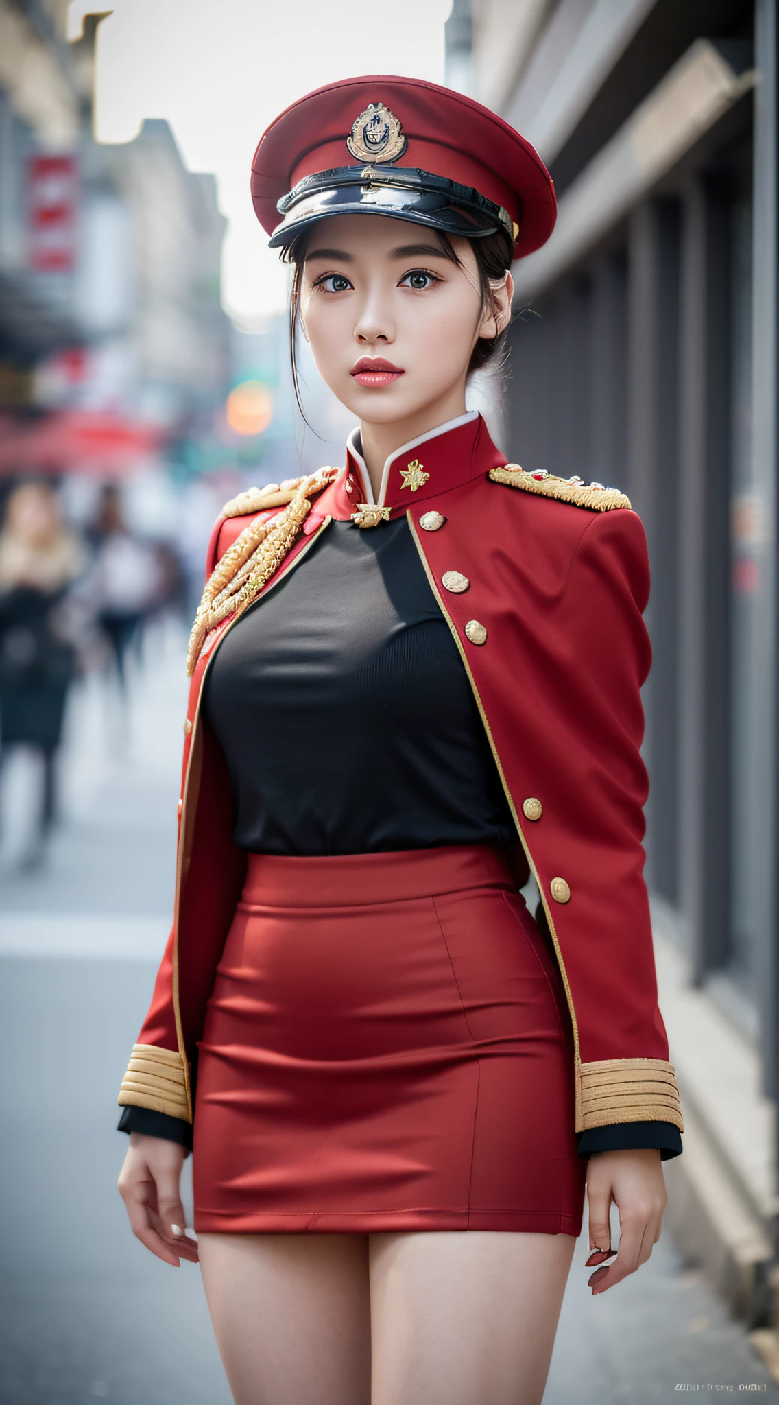 ((Realistic lighting, Masterpiece: 1.3)), (raw photo:1.2), Hyperrealist portrait Beautiful Chinese girl, 20 years old, ((pale skin: 1.6)), beautiful eyes, very detailed eyes and face, (full real formal crimson red military uniform), (crimson red pencil skirt), (military cap), ((high rank)), military cape, charming serious face, natural makeup: 1.2, (military standing pose), chignon hair style, Best quality, 8K, professional photography, (full body), street background