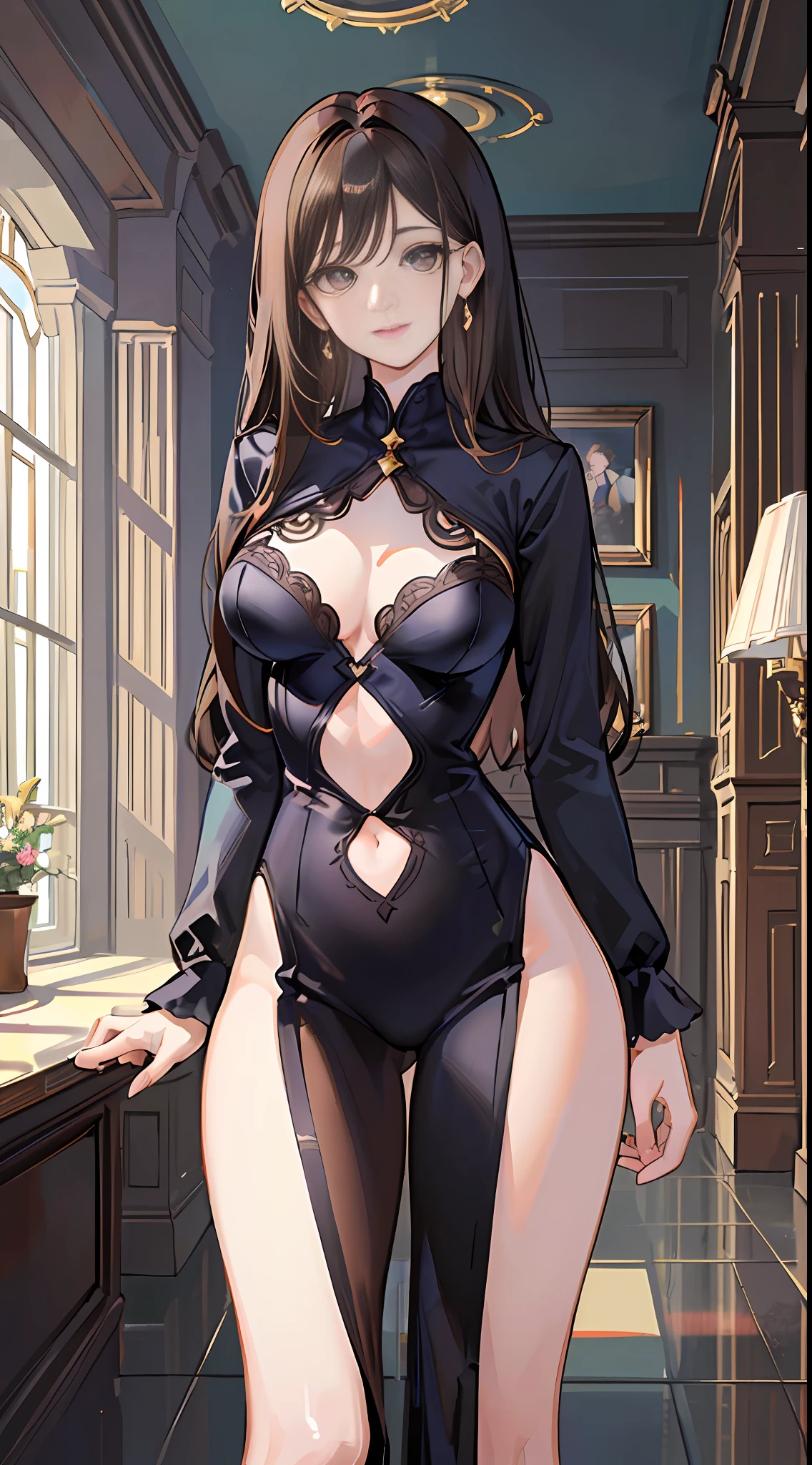((Masterpiece, Excellent)), (1girl), Brunette Hair, Brown Eyes, Room, Oversized Dress: 1.5, Sofa, Super Detailed Face, Delicate Eyes, Double Eyelids, SFW, Emphasis on Slender Abs: 1.3, Feet: 1.4, Slim, Smile, [Wide Buttocks], Office, Standing, Aru \(Blue Archive\),
