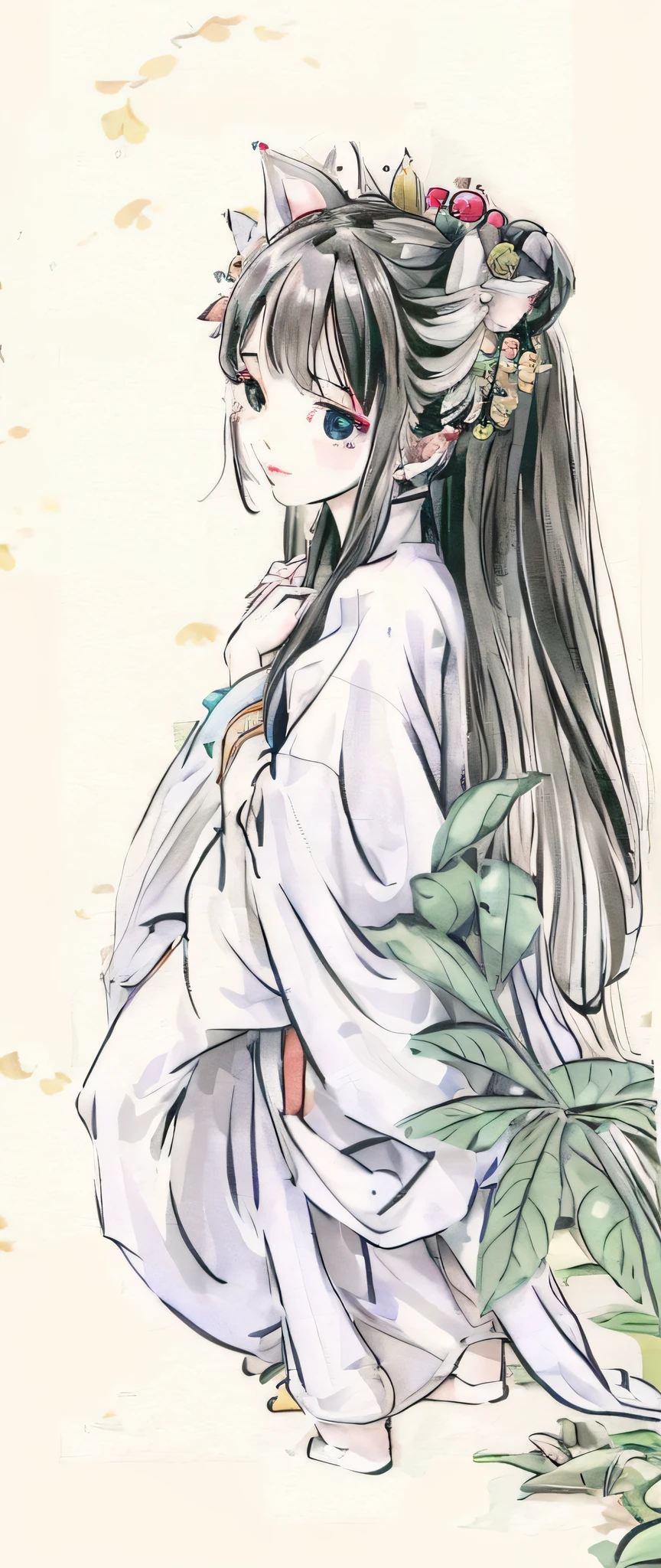 ((4k,masterpiece,best quality)), shuimobysim, Chinese painting, lotus, hanfu, maxiskit, dressed conservative 1 girl, solo, white hair, long hair, fox ears, white, bikini, fish, many fish close to the girl, looking at the audience, teasing
