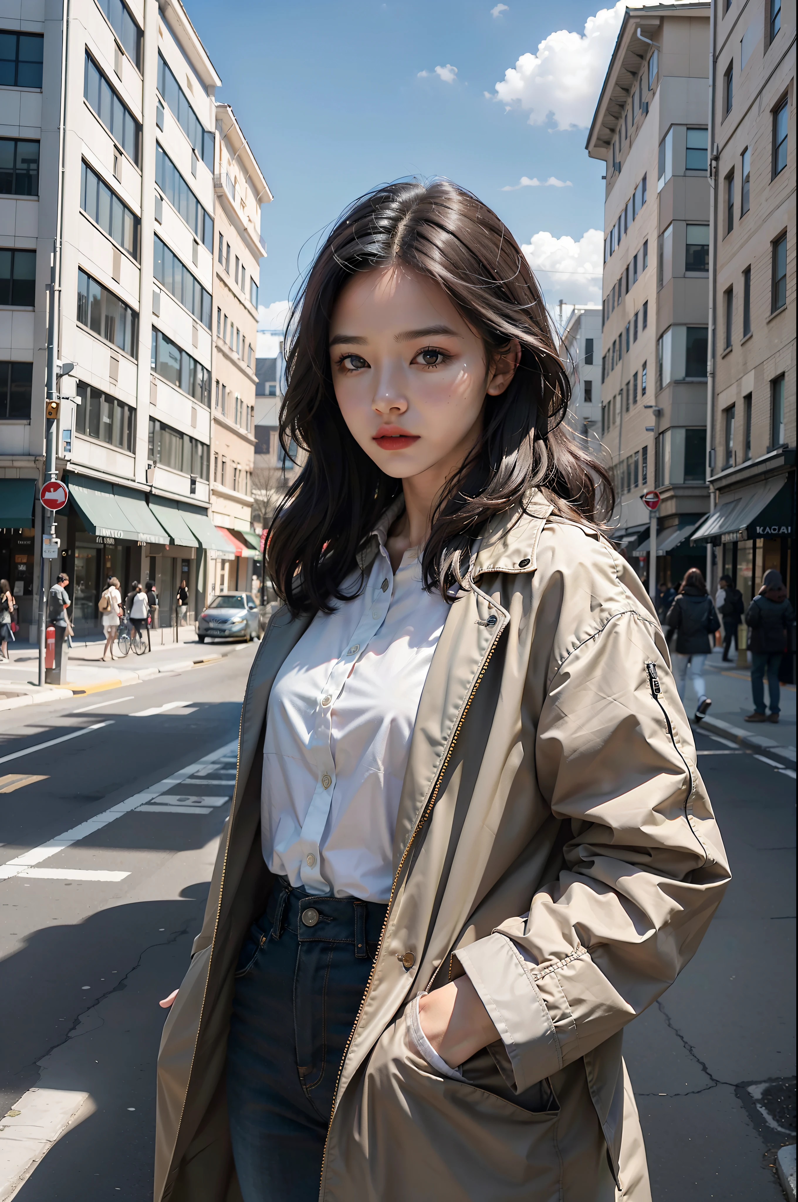 (8k, RAW photo, best quality, masterpiece:1.2), yjnn, 1girl, 3d, black hair, building, city, coat, looking at viewer, realistic, shirt, solo,(realistic, photo realistic:1),