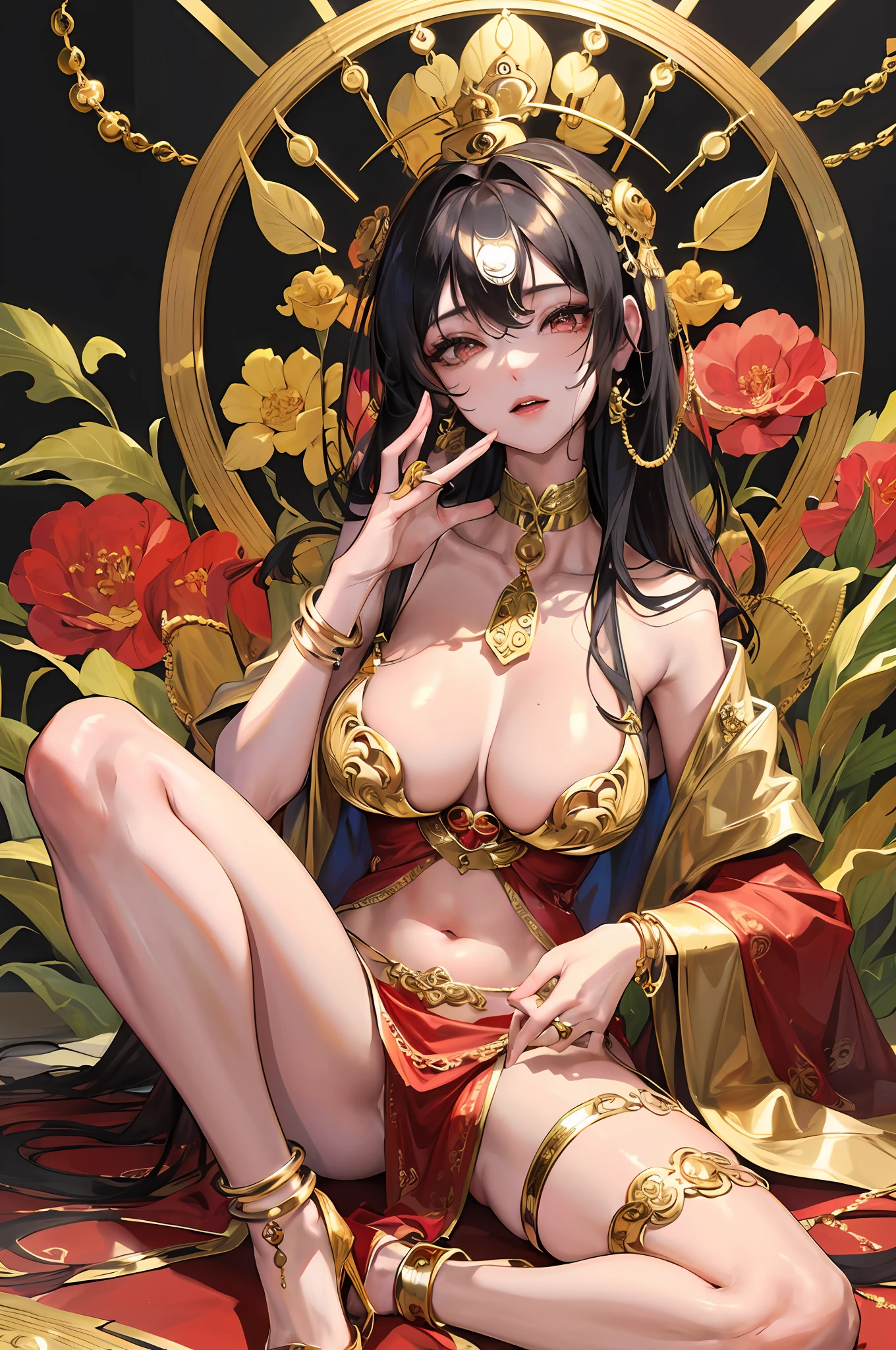 Bodhisattva, Buddhist deity, masterpiece, best quality, super detailed, illustration, (super detailed face), (best face), clear texture, nuanced texture, temple full of vividness, ultra HD detail display, excellent image expression, 50 years old, 1married woman, super boobs, Erect legs, black coiled hair, facing the camera, flesh legs, (gold anklet, gold leg ring, gold high heels), intricate details