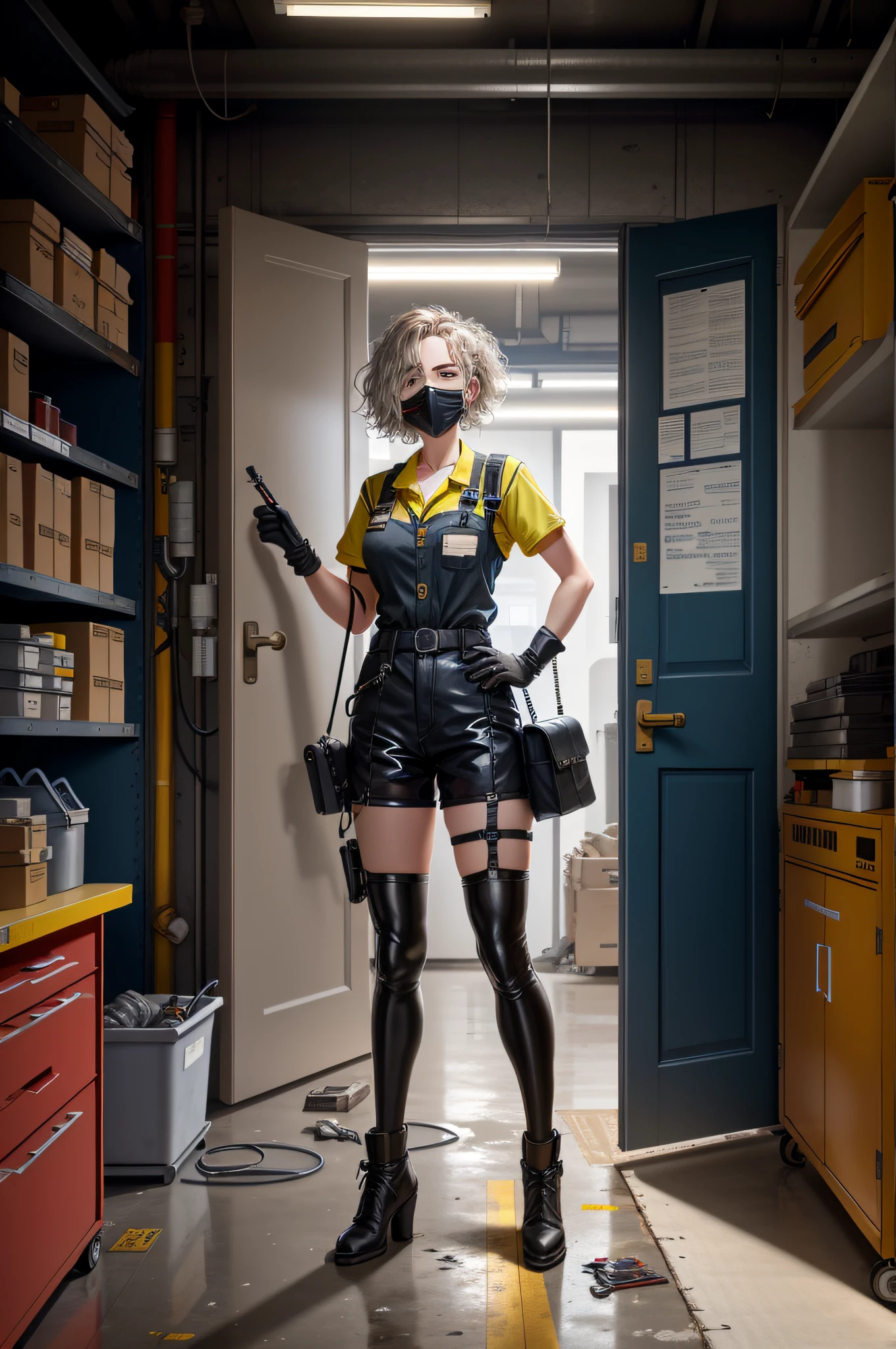 masterpiece, best quality, ultra-detailed, illustration, 1girl, solo, shiny, reflective, latex, work clothes, sexy, body, squat, detailed, work shoes, messy, workshop, industry, high heels, black, red, silver, metal, gloves, goggles, protection, equipment, machinery, tools, sparks, dirt, oil, stains, sweat, exhaust, pipes, instruments, dials, pipes, instruments, dials, buttons, levers, cables, wires, hydraulics, systems hydraulic presses, cranes, pulleys, welding, torches, grinders, drills, saws, hammers, screwdrivers, wrenches, pliers, wrenches, tool boxes Fire extinguishers, first aid kits, ventilation, pipes, lamps, emergency exits, warning signs, warning tape, posters, calendars, coffee cups, dirty, workbenches, storage compartments, shelves, dustbins, lockers, safety vests, earmuffs, masks, respirators, smoke, smoke, smoke, smoke, debris, concrete floors, concrete walls, metal beams, rivets, bolts, screws, nuts, gaskets, hooks, chains, ropes, hooks, lubricants, bearings, liquids, solvents, adhesives, lubrication, maintenance, repair, overhaul, upgrades, installation, assembly, manufacturing, customization, prototyping, research, development, testing, quality control, inspection, certification, compliance, regulations, standards, efficiency, productivity, innovation, excellence, satisfaction, teamwork, dedication, professionalism, authorization, diversity, equality, respect, safety culture, industrial fashion, sci-fi, cyberpunk, dystopia