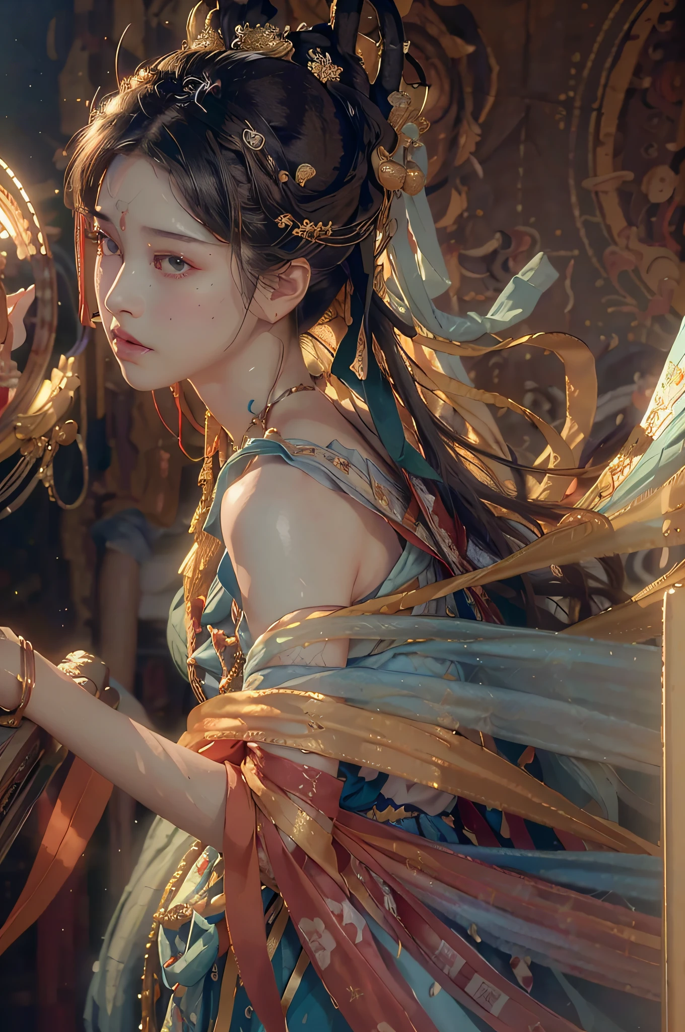 (RAW photo, best quality), (realistic, photo-realistic:1.3),best quality,highly detailed,masterpiece,ultra-detailed,illustration,1girl,upper_body,dynamic angle,world masterpiece theater,messy_long_hair,best quality,extremely detailed CG unity 8k wallpaper,ink,Amazing,cinematic lighting,lens_flare,,dunhuang_style