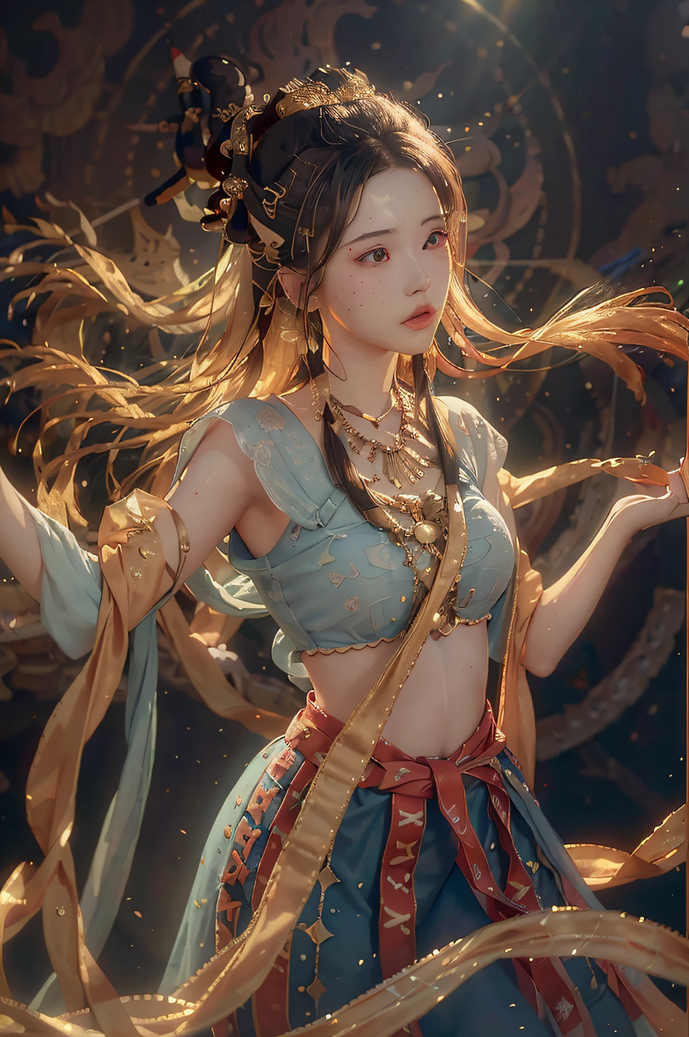 (RAW photo, best quality), (realistic, photo-realistic:1.3),best quality,highly detailed,masterpiece,ultra-detailed,illustration,1girl,upper_body,dynamic angle,world masterpiece theater,messy_long_hair,best quality,extremely detailed CG unity 8k wallpaper,ink,Amazing,cinematic lighting,lens_flare,,dunhuang_style