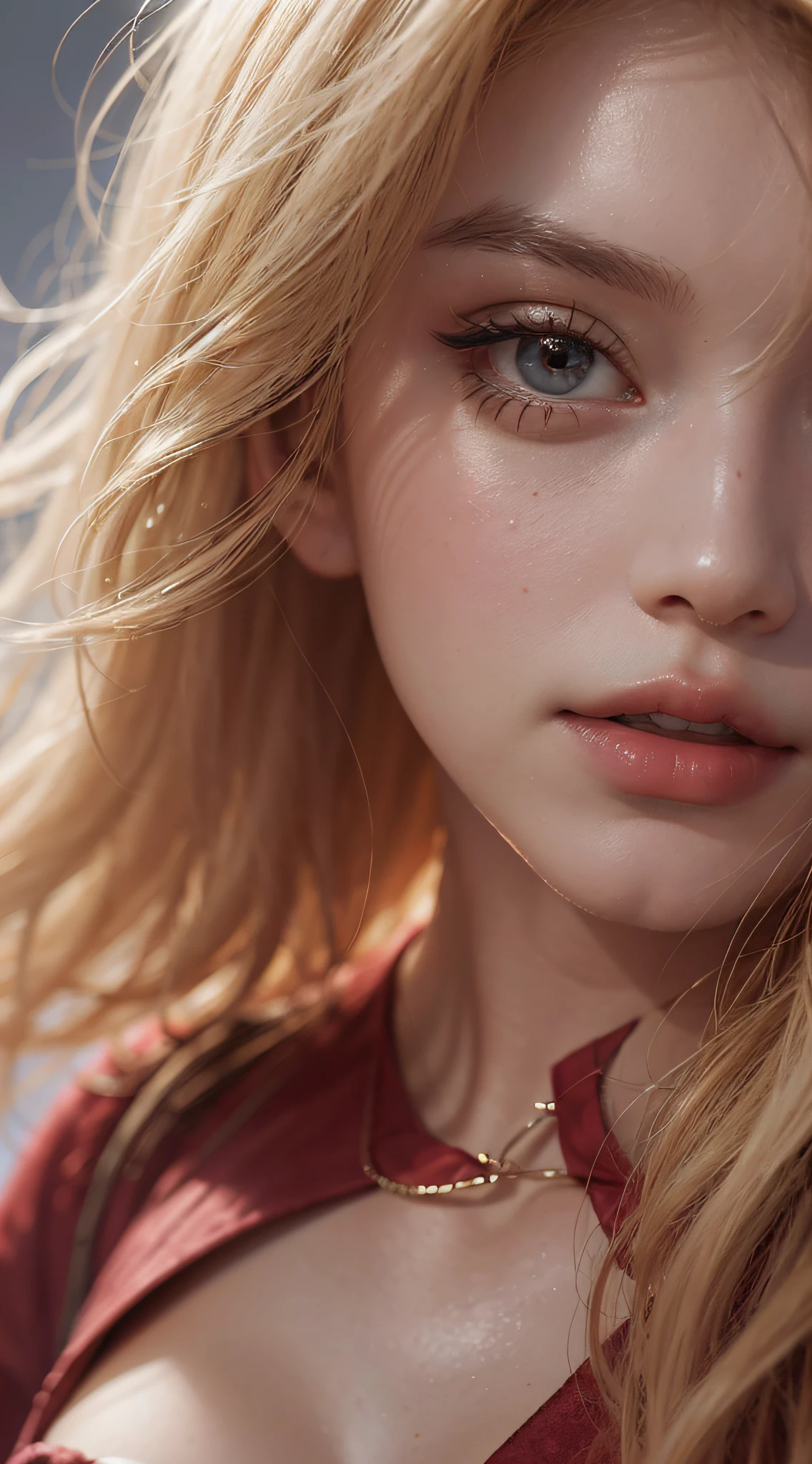 Portrait of young sensual woman with blonde hair, close up, wearing a red dress, alluring, mysterious, seductive, ethereal, 8k resolution, trending on artstation
