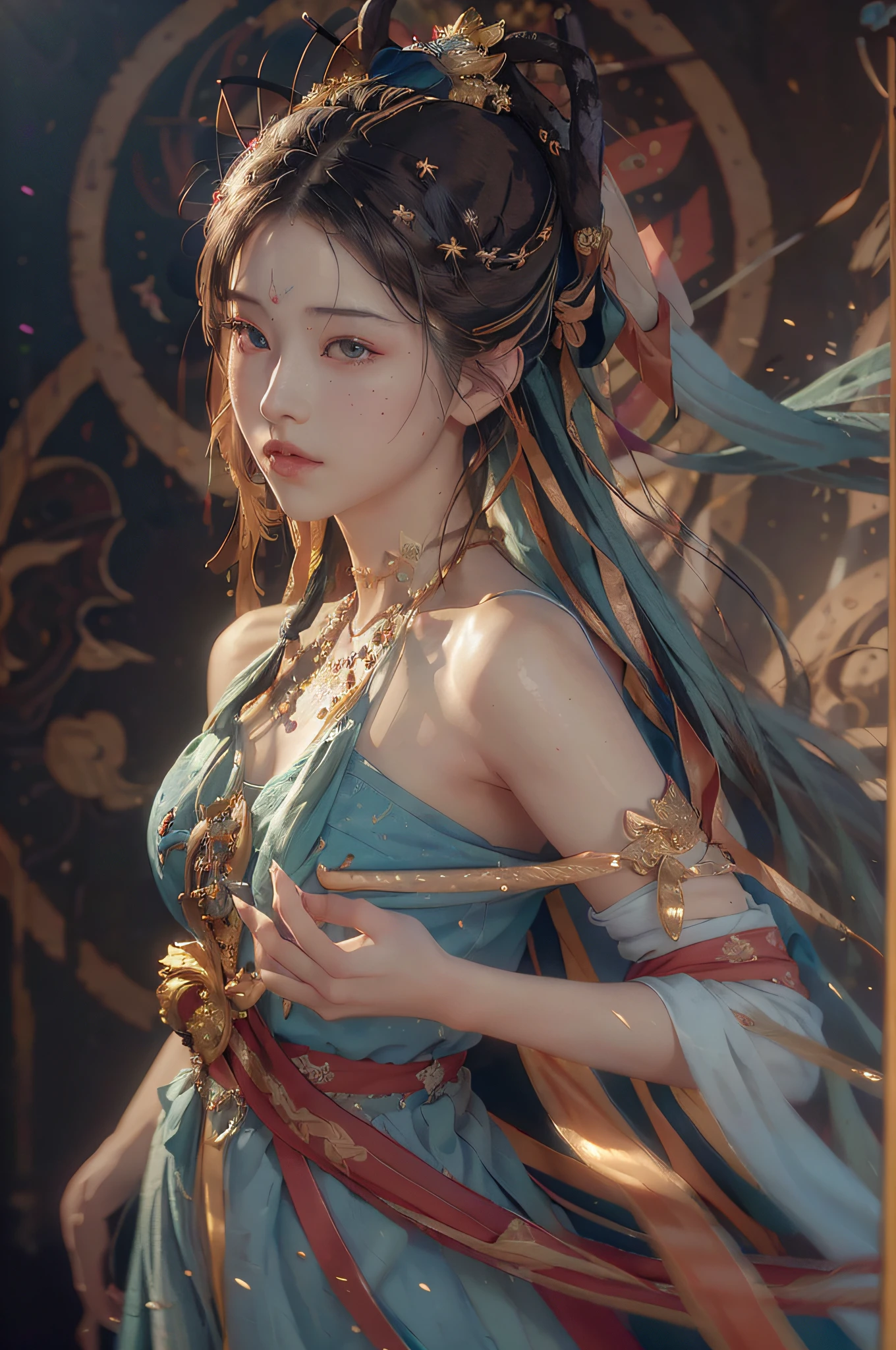 (RAW photo, best quality), (realistic, photo-realistic:1.3),best quality,highly detailed,masterpiece,ultra-detailed,illustration,1girl,upper_body,dynamic angle,world masterpiece theater,messy_long_hair,best quality,extremely detailed CG unity 8k wallpaper,ink,Amazing,cinematic lighting,lens_flare,,dunhuang_style