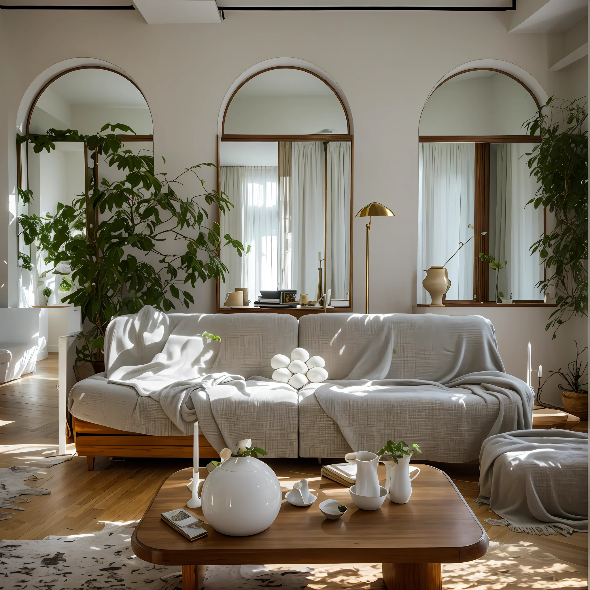 photos of luxury apartments, living room, wooden floor, white walls, gray cloth sofa, lights, greenery, summer, soft shadows, surrealism surrealism, award-winning masterpiece with incredible detail, breathtaking epic