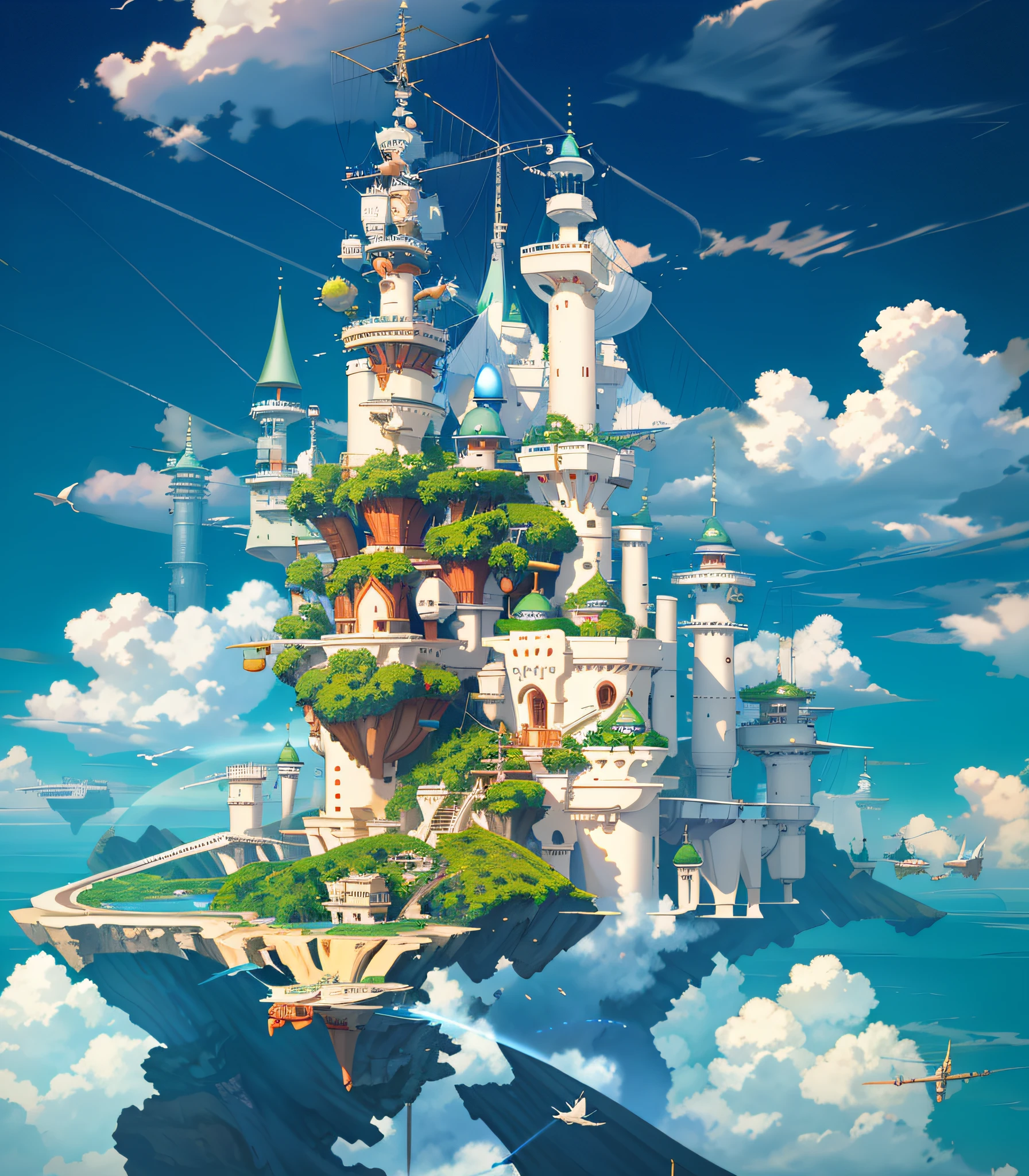 Many islands suspended in the sky, Hayao Miyazaki, large clouds, cities, fantasy, magical plant growth, extreme detail, realistic light, epic composition, (complex details), (complex design, ultra-detail: 1.2) , Art Station, (Masterpiece, Best Quality), Ultra HD, 32k --v 6