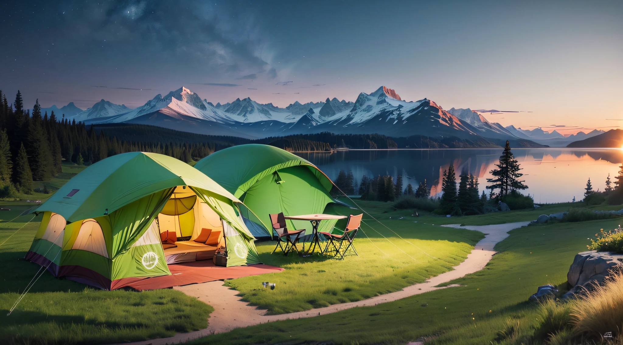 Glamping, Detailed Wide Angle Shot, Panorama Shot, Lakeside Tent, Chairs and Table Setting, Summer Dusk Background, Camp Area Setting, Wide Angle Panorama Shoot, EOS 5D Mark IV Shoot, Summer Lake Zone Setting, Surroundings including Lake and Yard. --auto --s2