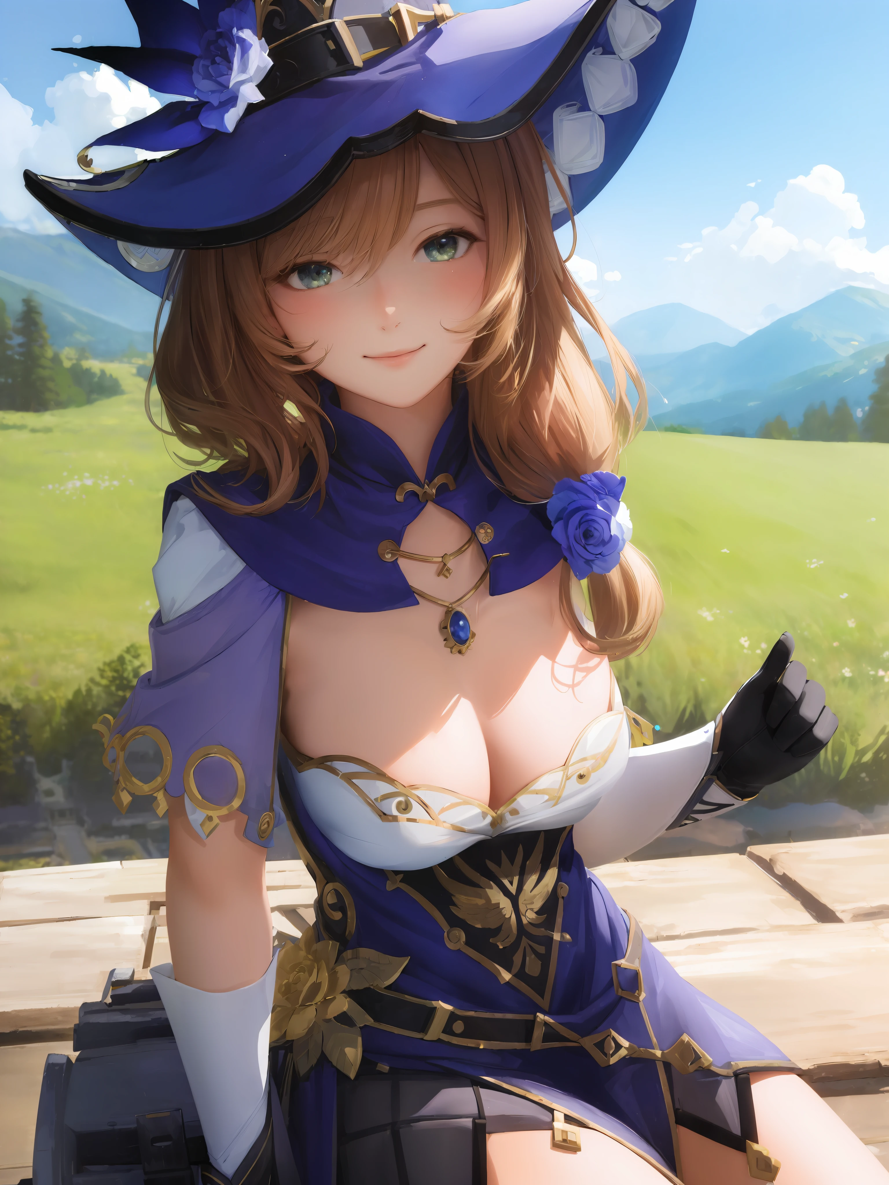 (masterpiece:1.5), best quality, extremely beautiful detailed anime face, depth of field, ultra-detailed, lisadef, upper body, smile, blush, outdoors, day, scenery, blue sky, short hair, sky, temple, looking at viewer, stairs, mountain, moody lighting, facing viewer,
