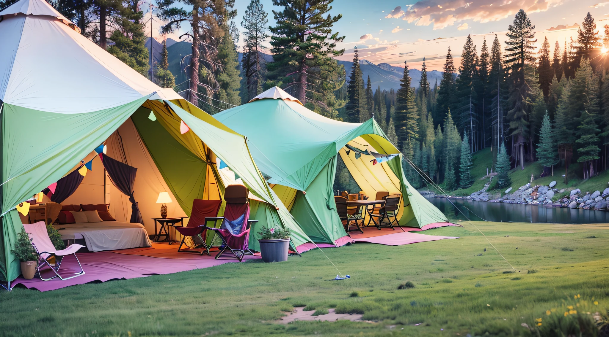 Glamping, Detailed Wide Angle Shot, Panorama Shot, Lakeside Tent, Chairs and Table Setting, Summer Dusk Background, Camp Area Setting, Wide Angle Panorama Shoot, EOS 5D Mark IV Shoot, Summer Lake Zone Setting, Surroundings including Lake and Yard. --auto --s2