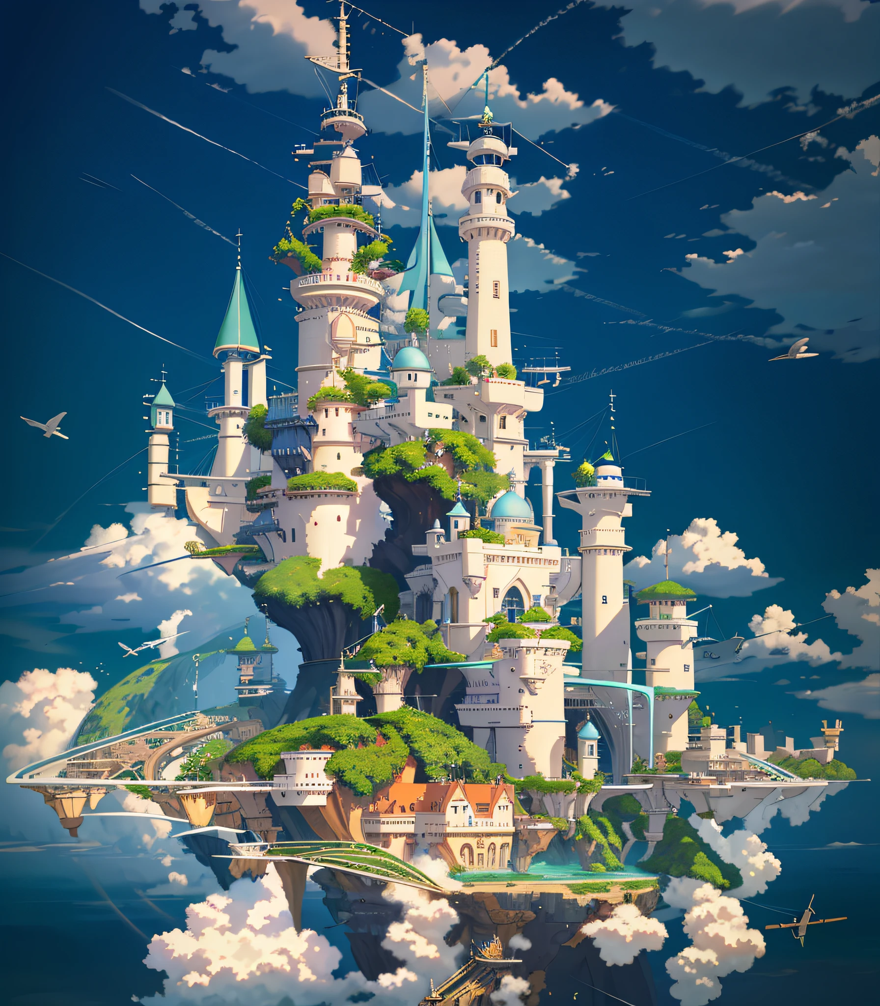 Many islands suspended in the sky, Hayao Miyazaki, large clouds, cities, fantasy, magical plant growth, extreme detail, realistic light, epic composition, (complex details), (complex design, ultra-detail: 1.2) , Art Station, (Masterpiece, Best Quality), Ultra HD, 32k --v 6
