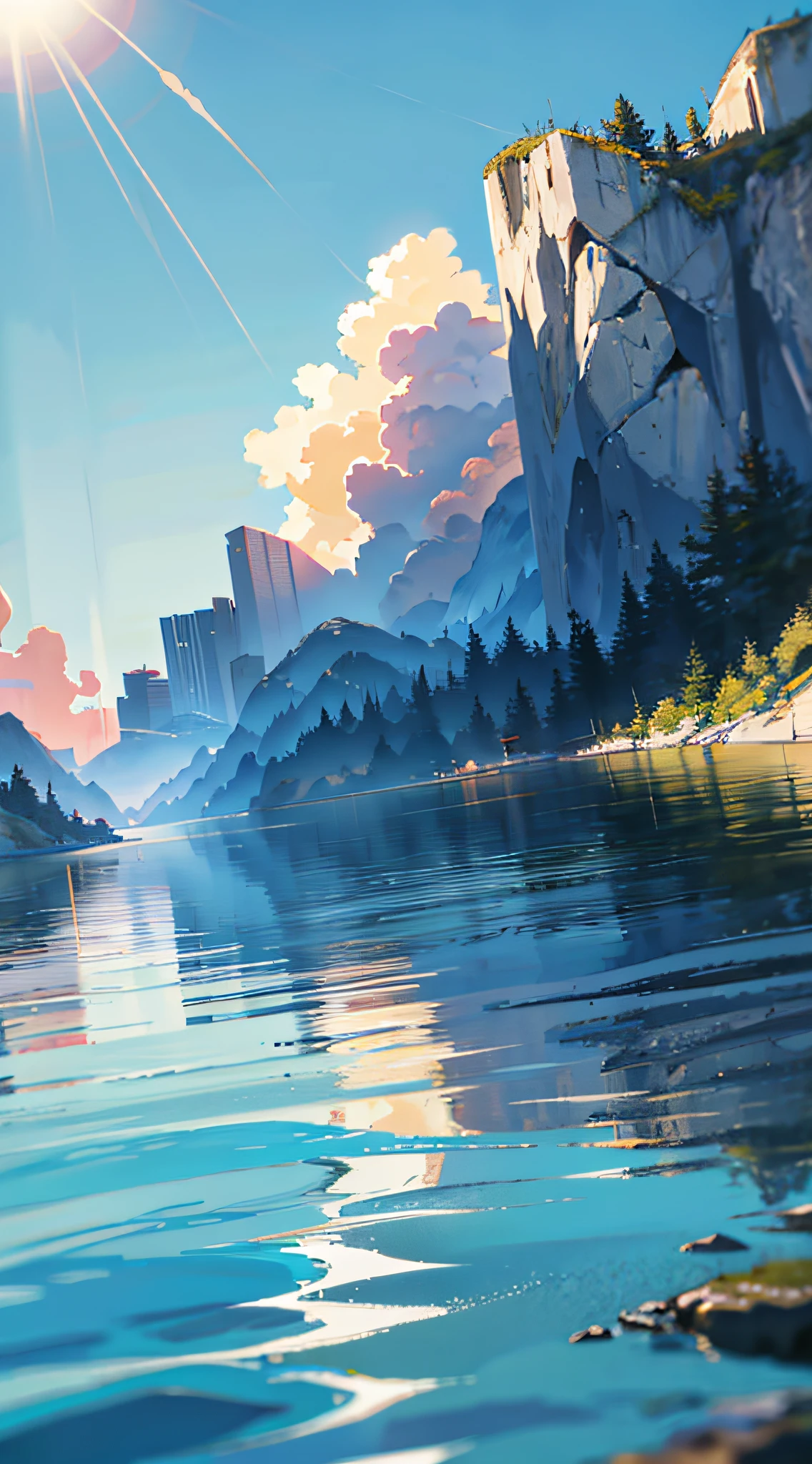 no humans, scenery, vanishing point, from below, masterpiece, best quality, 8k, absurdres, water surface, summer, noon, sunlight, blue sky, perspective, depth of field, highres, finely detail, ultra-detailed, sharp focus